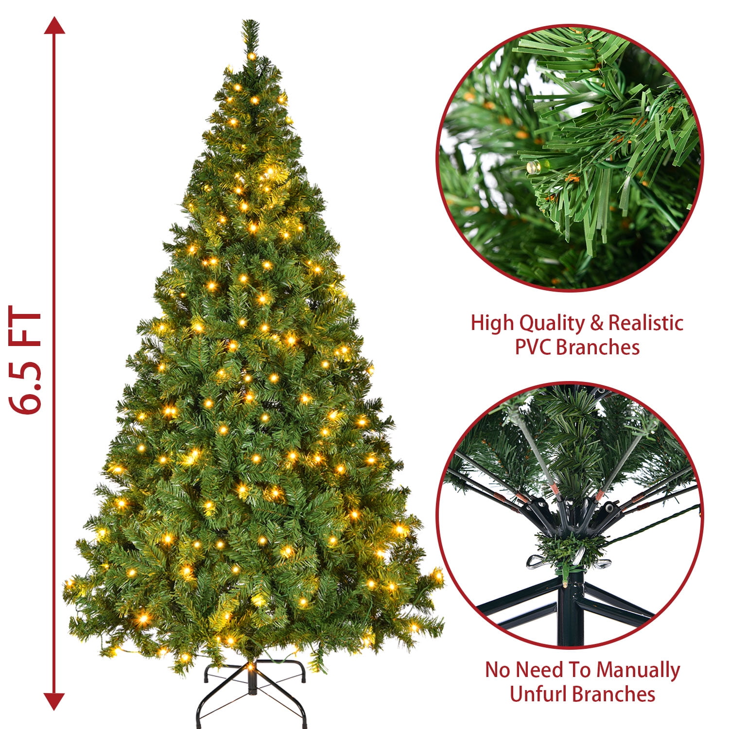 SUGIFT 6.5Ft Premium Artificial Christmas Tree w/ 1000 250 Lights Indoor Outdoor Green - Image 3