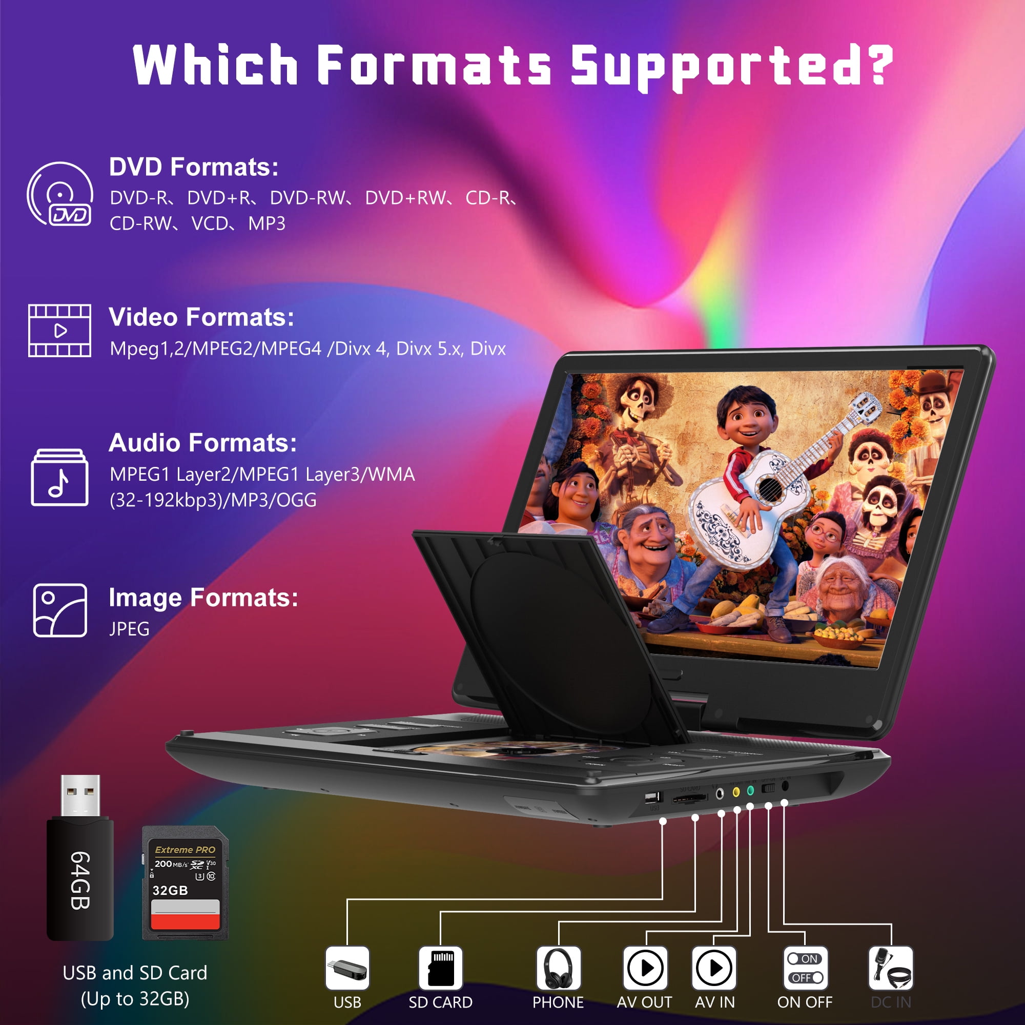 16.9'' Rechargeable Portable DVD Player for Car with 14“ Swivel Screen and Remote Control, Support USB TF Card 1080P-Black - Image 6