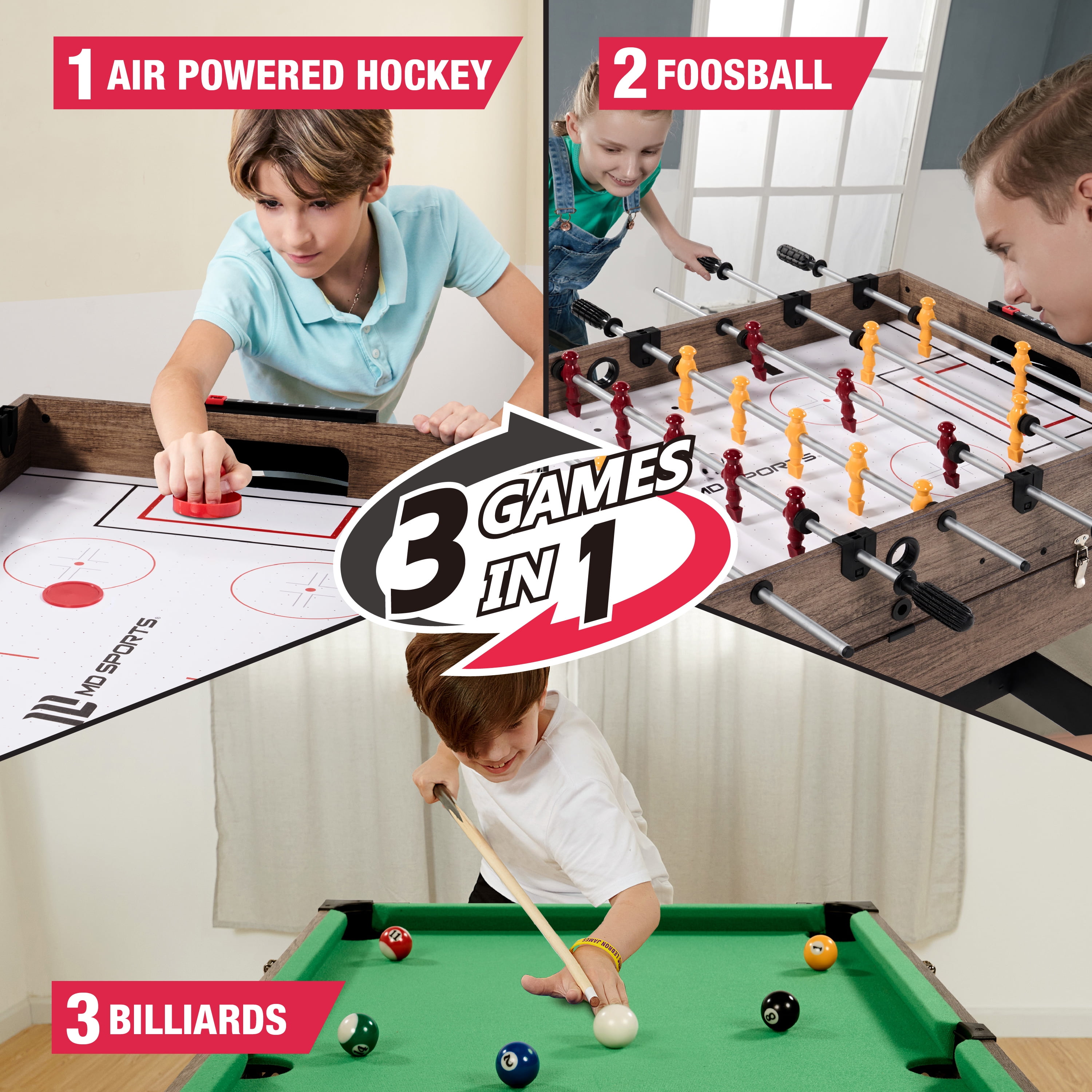 48" 3 in 1 Combo Air Powered Hockey, Foosball, and Billiard Game Table, by MD Sports - Image 4