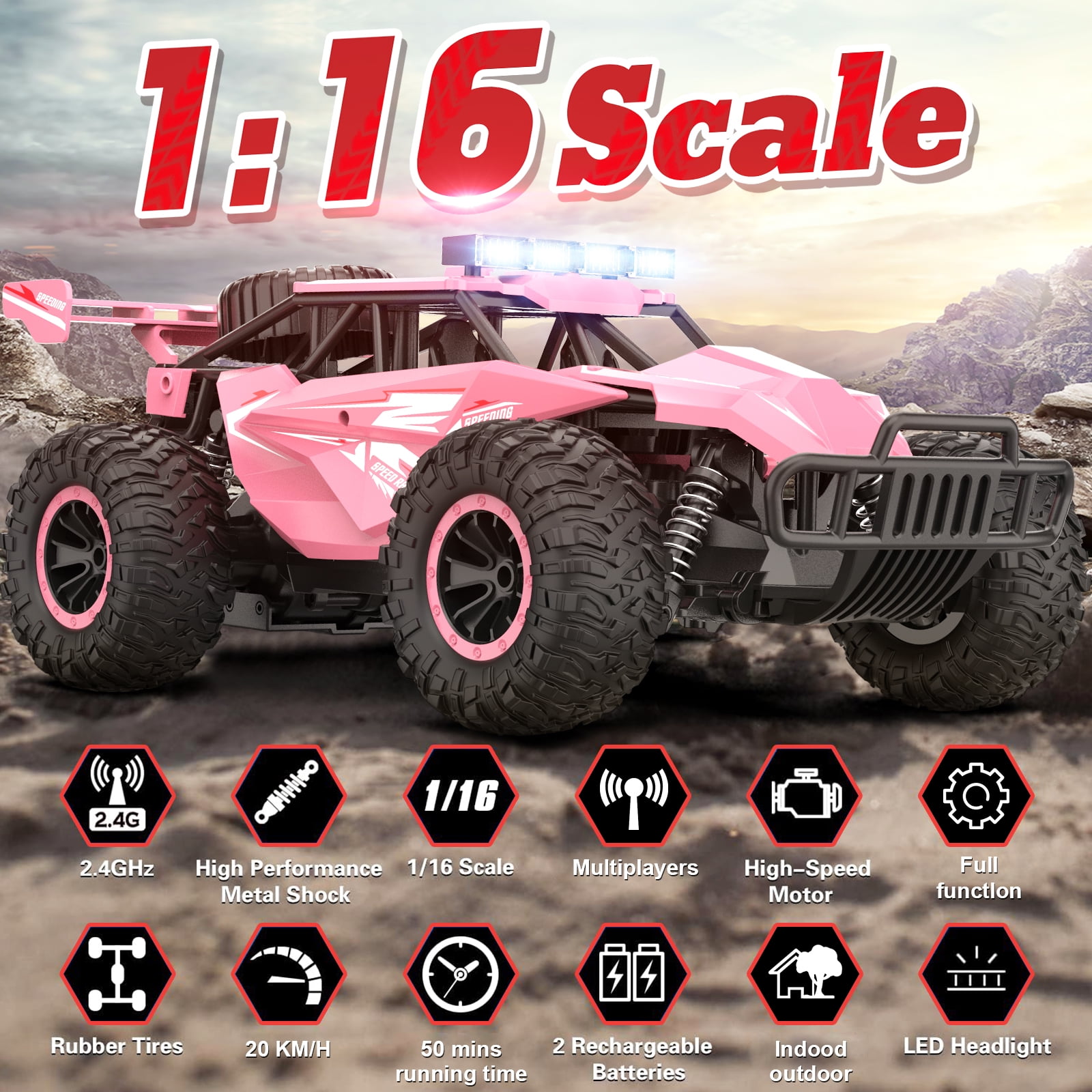 RC Cars for Girls,Pink Remote Control Cars,1:16 Scale Monster Trucks with Flashing Chassis Lights,Gift for Kids - Image 2