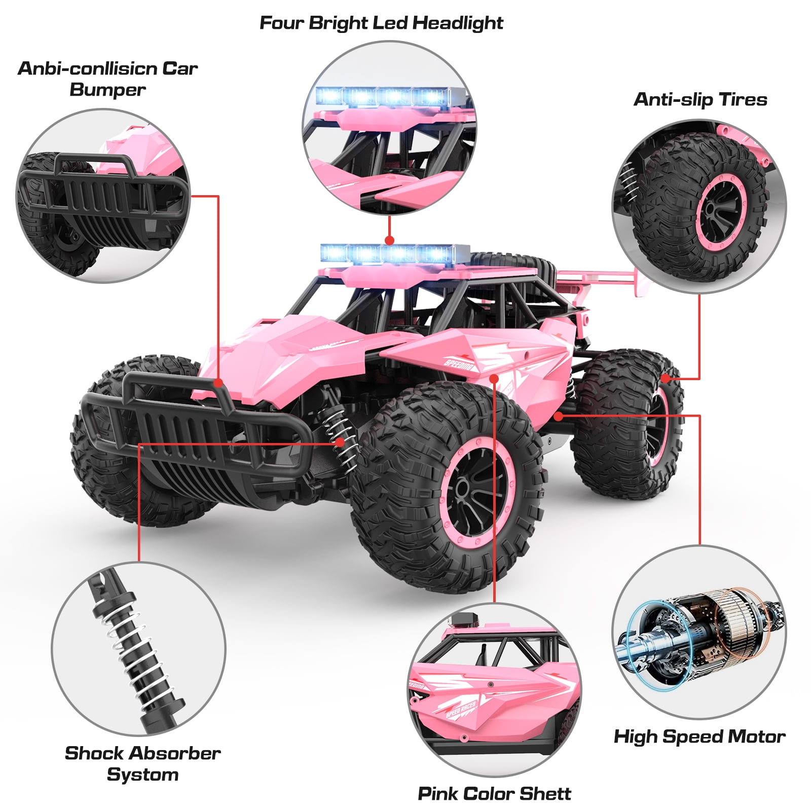 RC Cars for Girls,Pink Remote Control Cars,1:16 Scale Monster Trucks with Flashing Chassis Lights,Gift for Kids - Image 9
