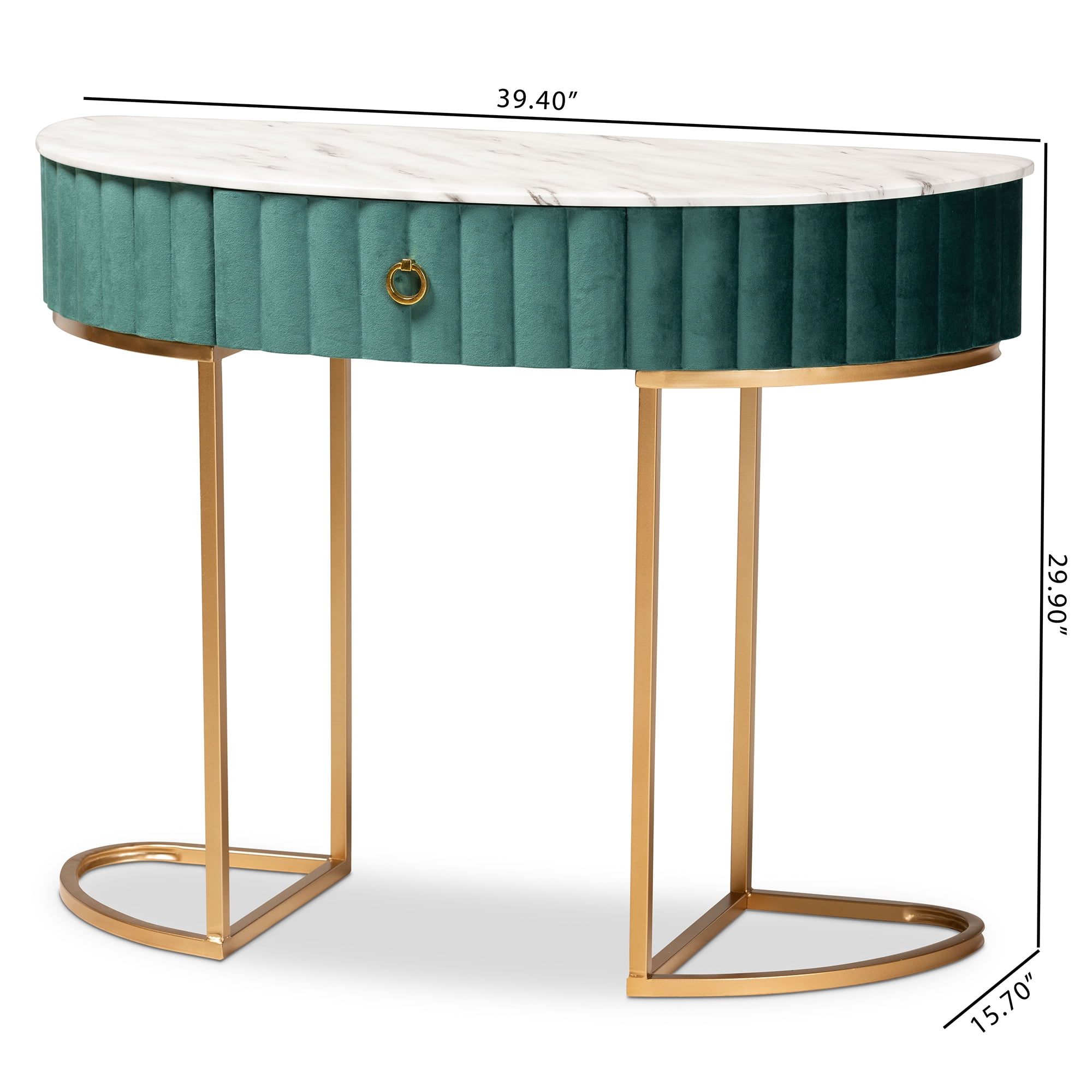 Baxton Studio Beale Luxe and Glam Green Velvet Upholstered and Brushed Gold Finished 1-Drawer Console Table with Faux Marble Tabletop - Image 10