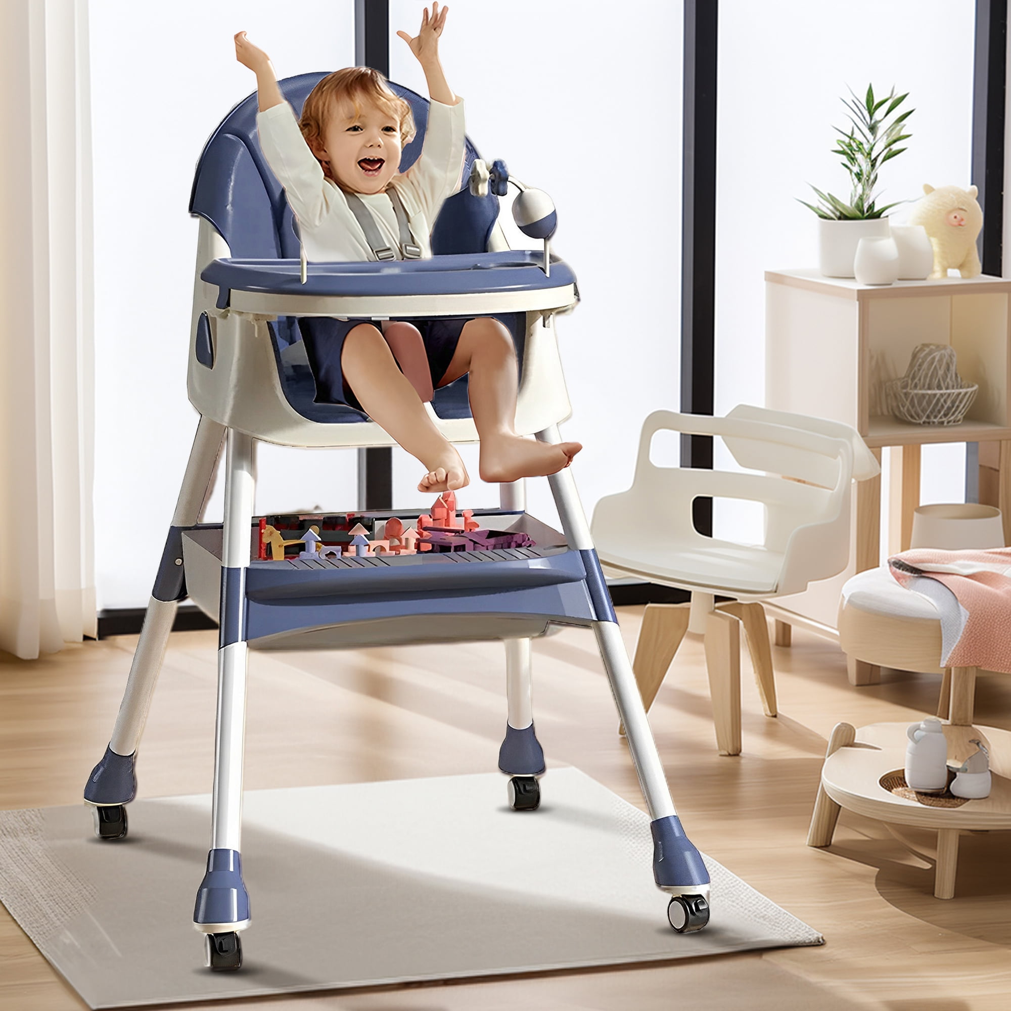 YANAOFFE Baby High Chair 4-in-1 Convertible Baby Highchair with Double-Layer Tray and Toy, Blue - Image 5