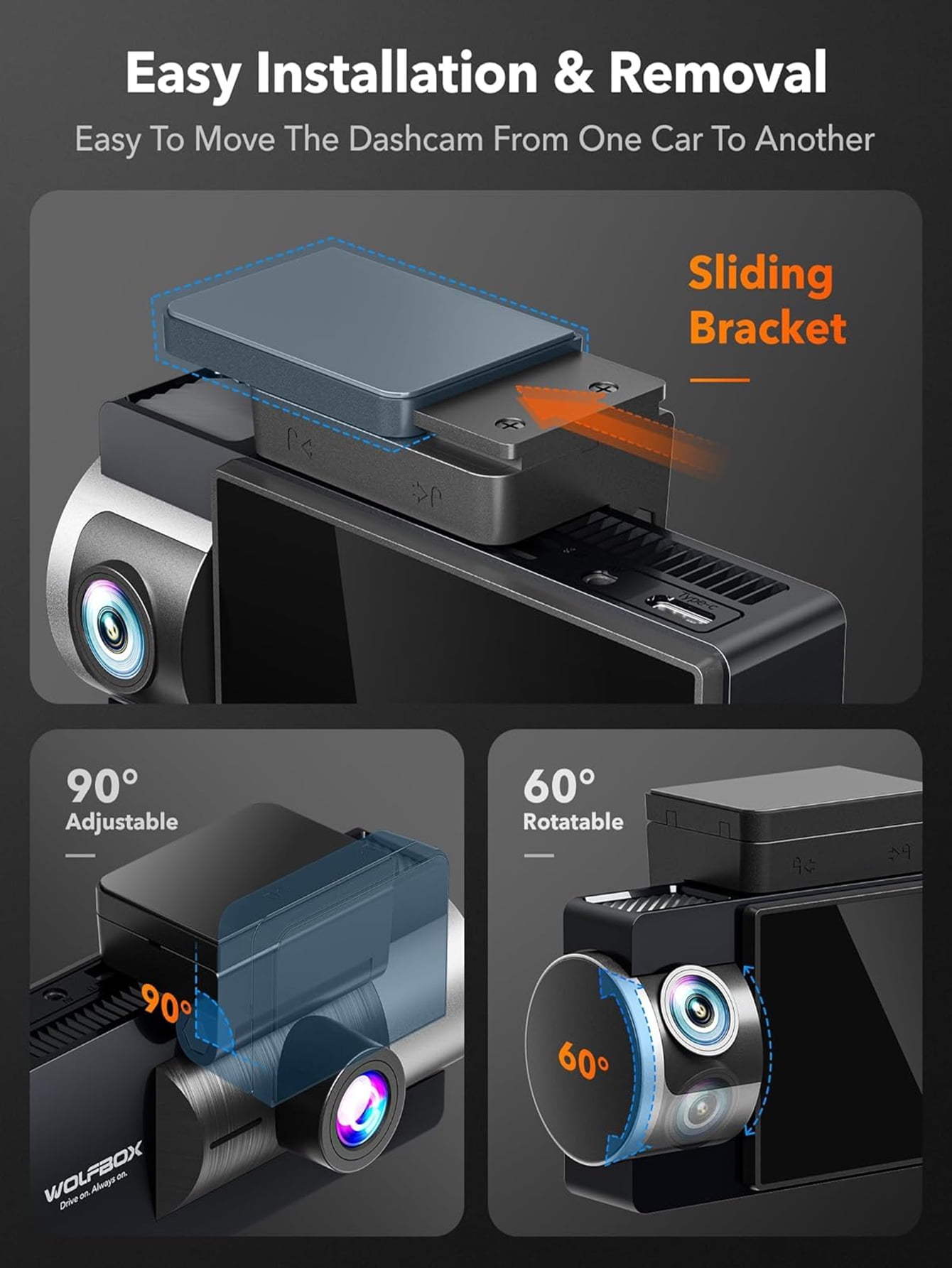 WolfBox 4K UHD 3 Channel Dash Cam, 4K+1080P+1080P Dash Cam Front and Rear Inside with 64GB Card, Built-in 5G WiFi GPS, Super IR Night Vision, Triple Car Camera with 3" Screen, WDR, Parking Mode - Image 3