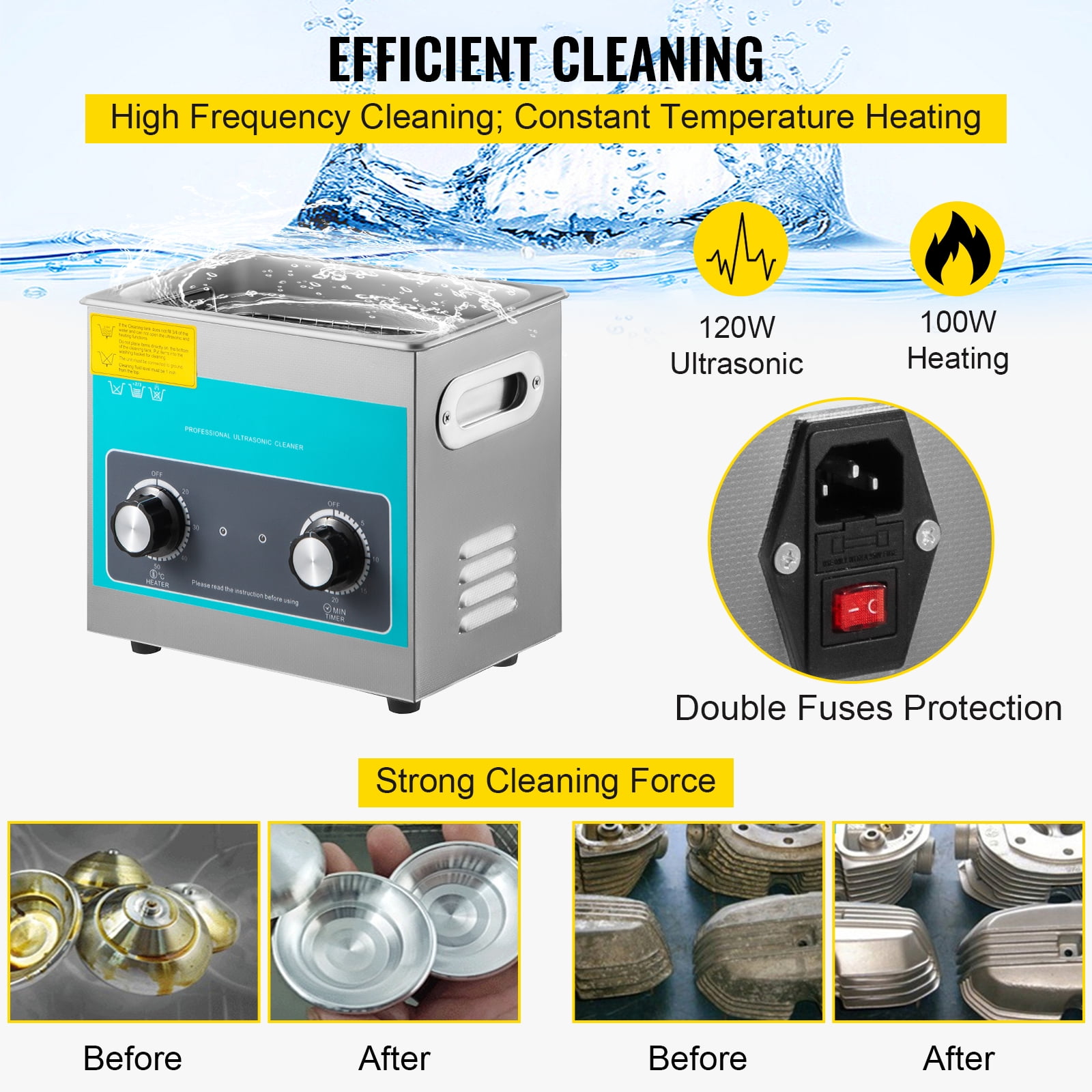 VEVORbrand Knob Ultrasonic Cleaner 3L 40kHz Ultrasonic Cleaning Machine Knob Control 304 Stainless Steel Ultrasonic Cleaner Machine with Heater & Timer for Cleaning Jewelry Eyeglasses Watches - Image 9