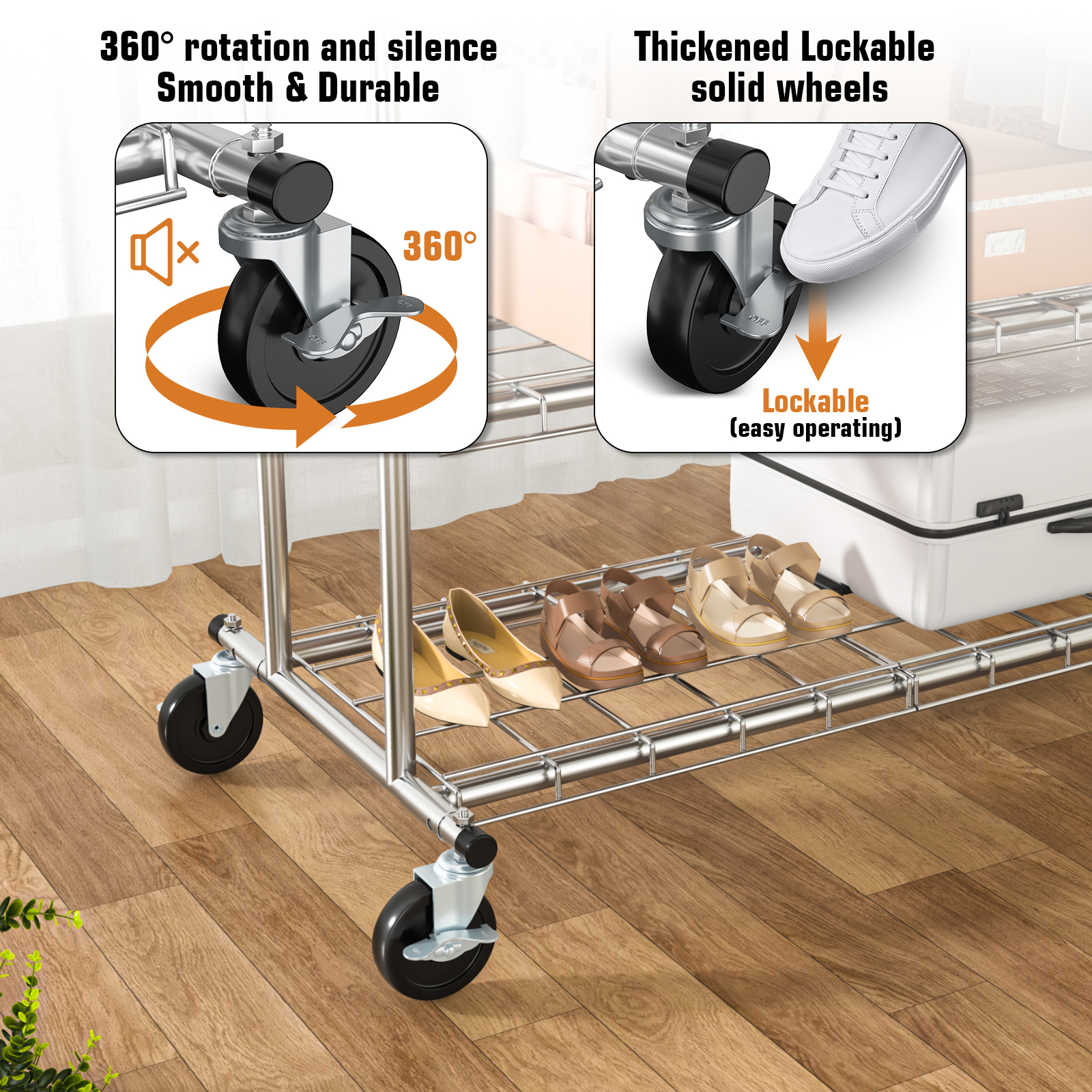 URTUE 620LBS Heavy Duty Garment Rack with Shelves,Commercial Grade Clothing Racks on Wheels Rolling - Double Rails Clothes Rack for Hanging Clothes Portable Adjustable - Image 5