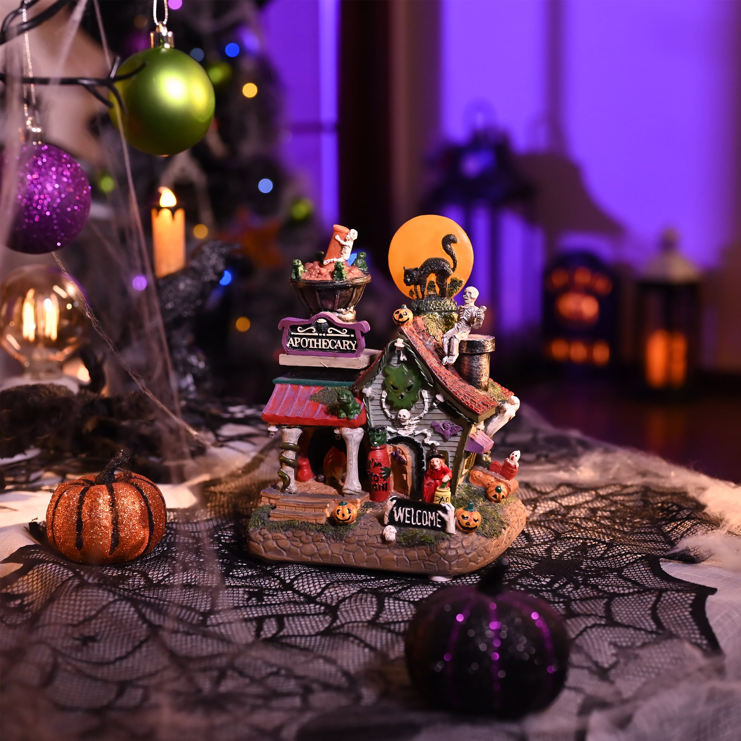 Valery Madelyn 8.08 inches Halloween Village Halloween Apothecary Haunted House Decoration with Black Cat, Skeleton, Pumpkins, Witch and Music, Lighted Halloween Village for Spooky Party Decor - Image 7