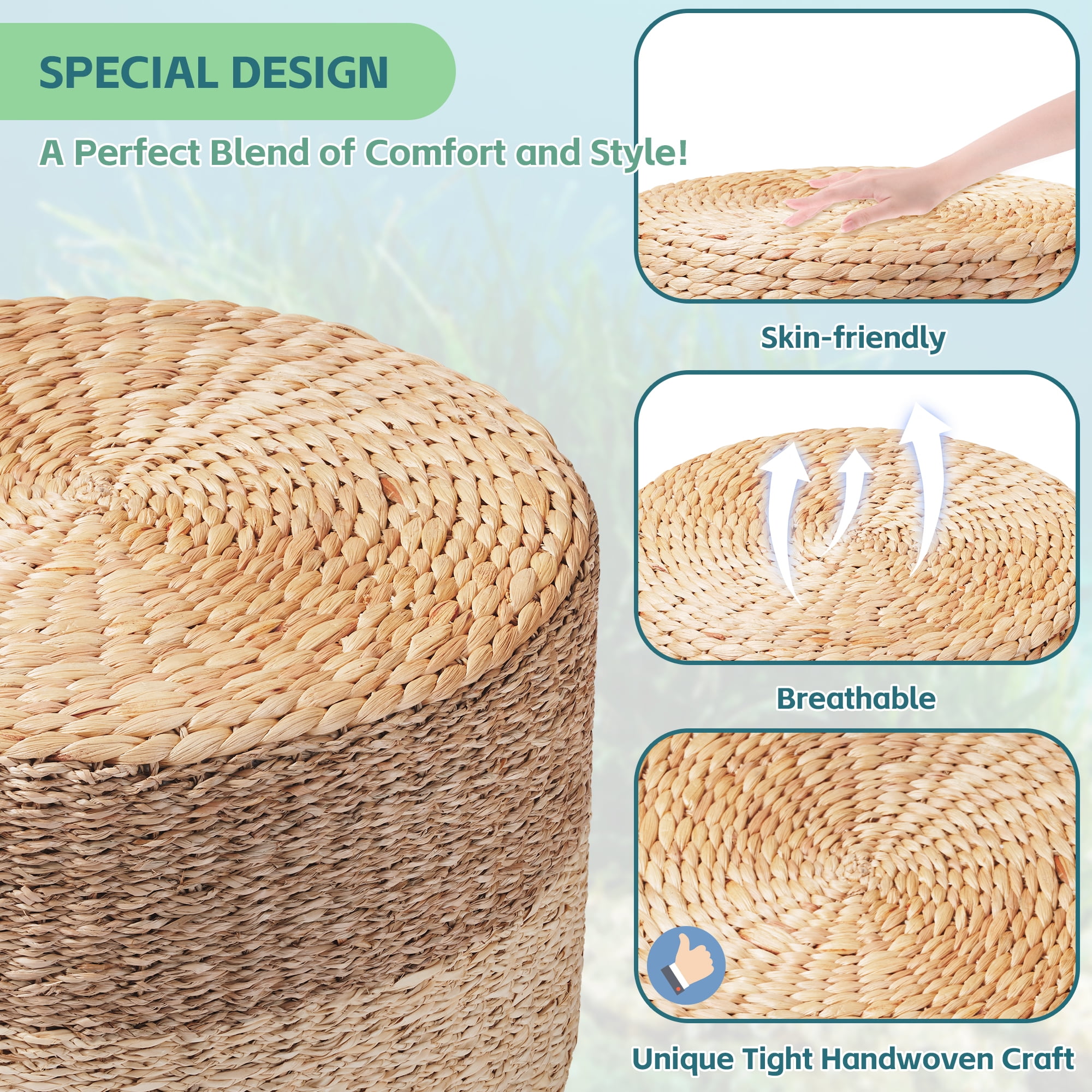 TrumanPick Pouf Ottoman Set of 2 Handwoven Rattan Footrest Boho Footstool 12"H x 18"W Load 350 lbs, Natural - Image 3