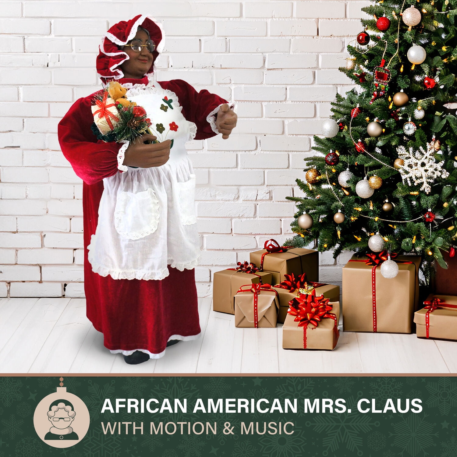Fraser Hill Farm 3-Ft. African American Mrs. Claus Animatronic with Apron and Gift Sack, FMC036-1RD1-AA - Image 7