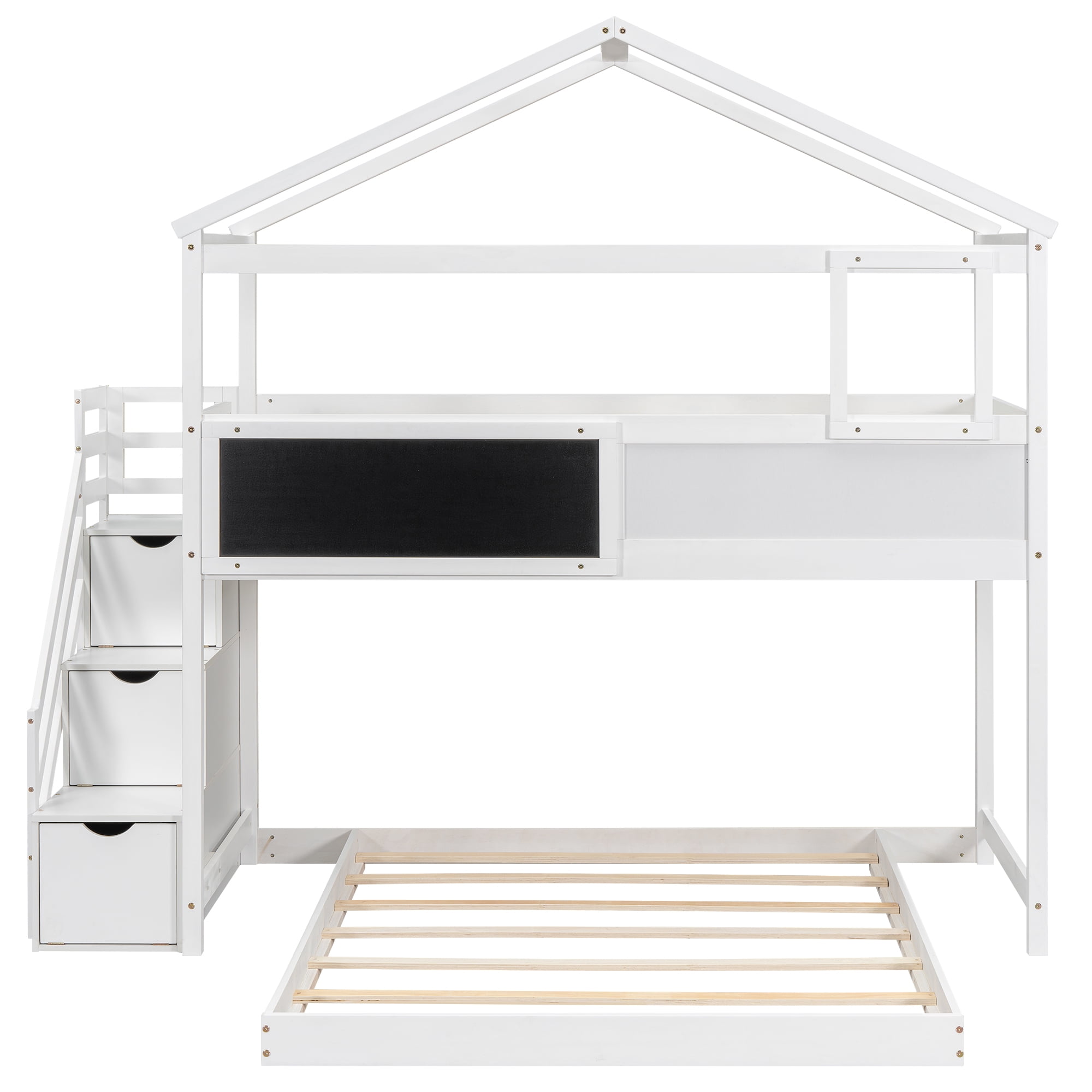 Euroco Twin over Full House Bunk Bed with Storage Staircase and Writting Blackboard for Kids Teens Bedroom, Moverable Lower Bed, White - Image 20