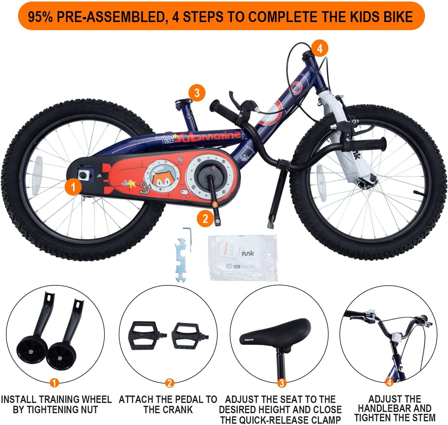 Royalbaby Chipmunk Boys Girls and Kid's Submarine Steel 18 In Bike with kickstand Navy Blue - Image 3