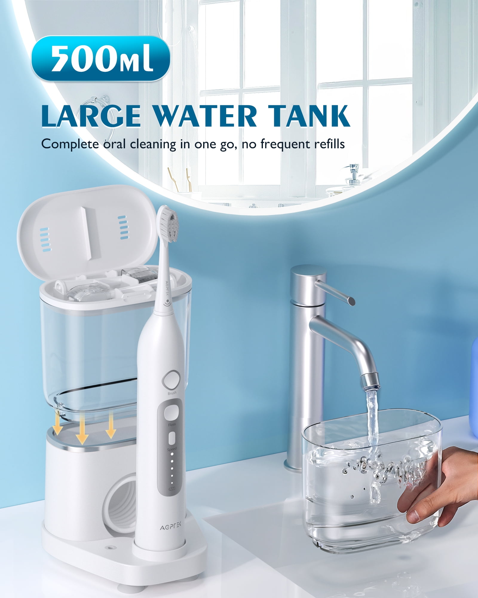 AGPTEK Water Flosser and Electric Toothbrush Combo, 2 in 1 Cordless Water Flosser & Sonic Toothbrush with 5 Levels for Teeth, Gums, Braces - 14 Days Battery Life, 500ML, IPX7 Waterproof - Image 9