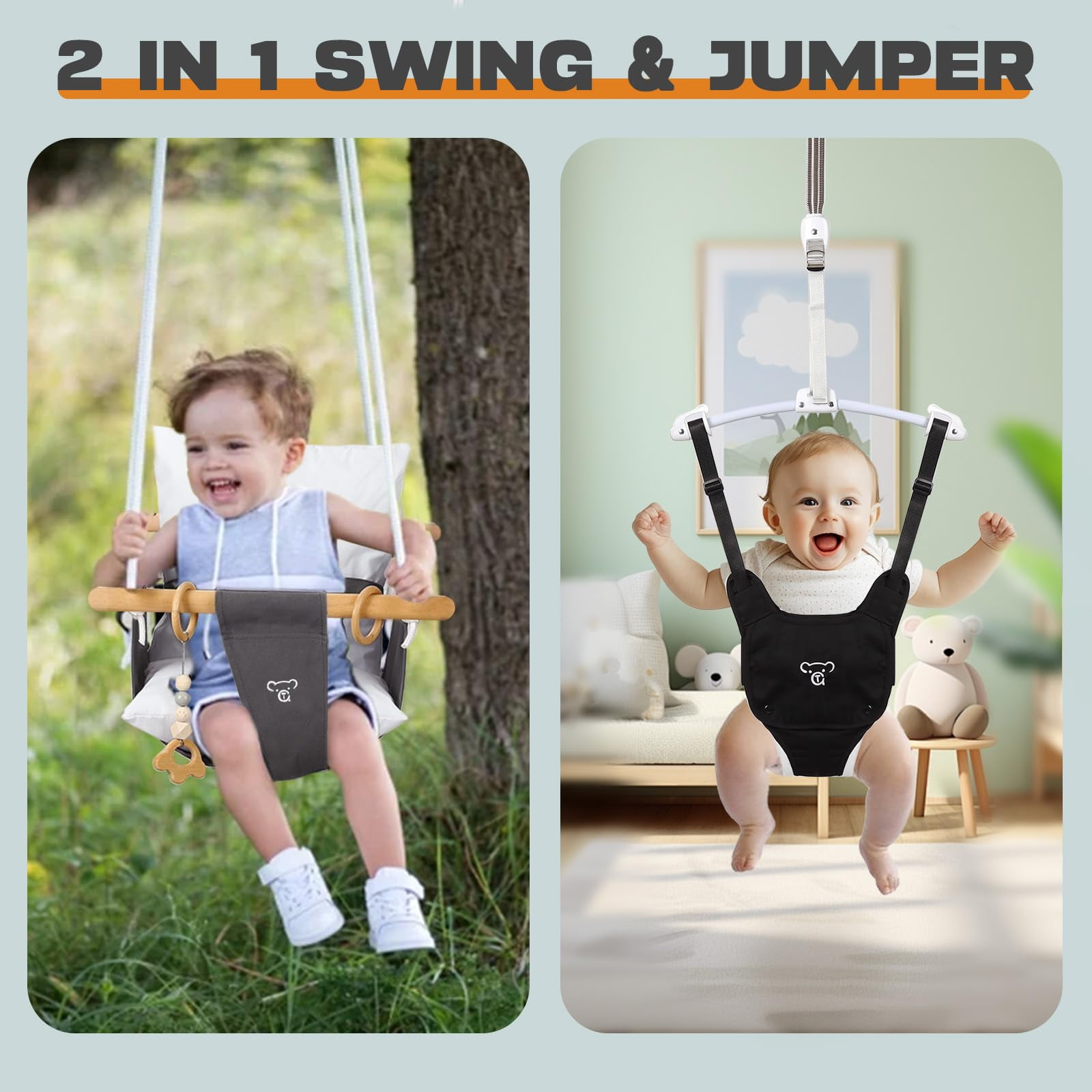 2 in 1 Baby Jumper, Toddler Swing and Bouncer, Indoor Outdoor Baby Swings for Infants, Gray - Image 7
