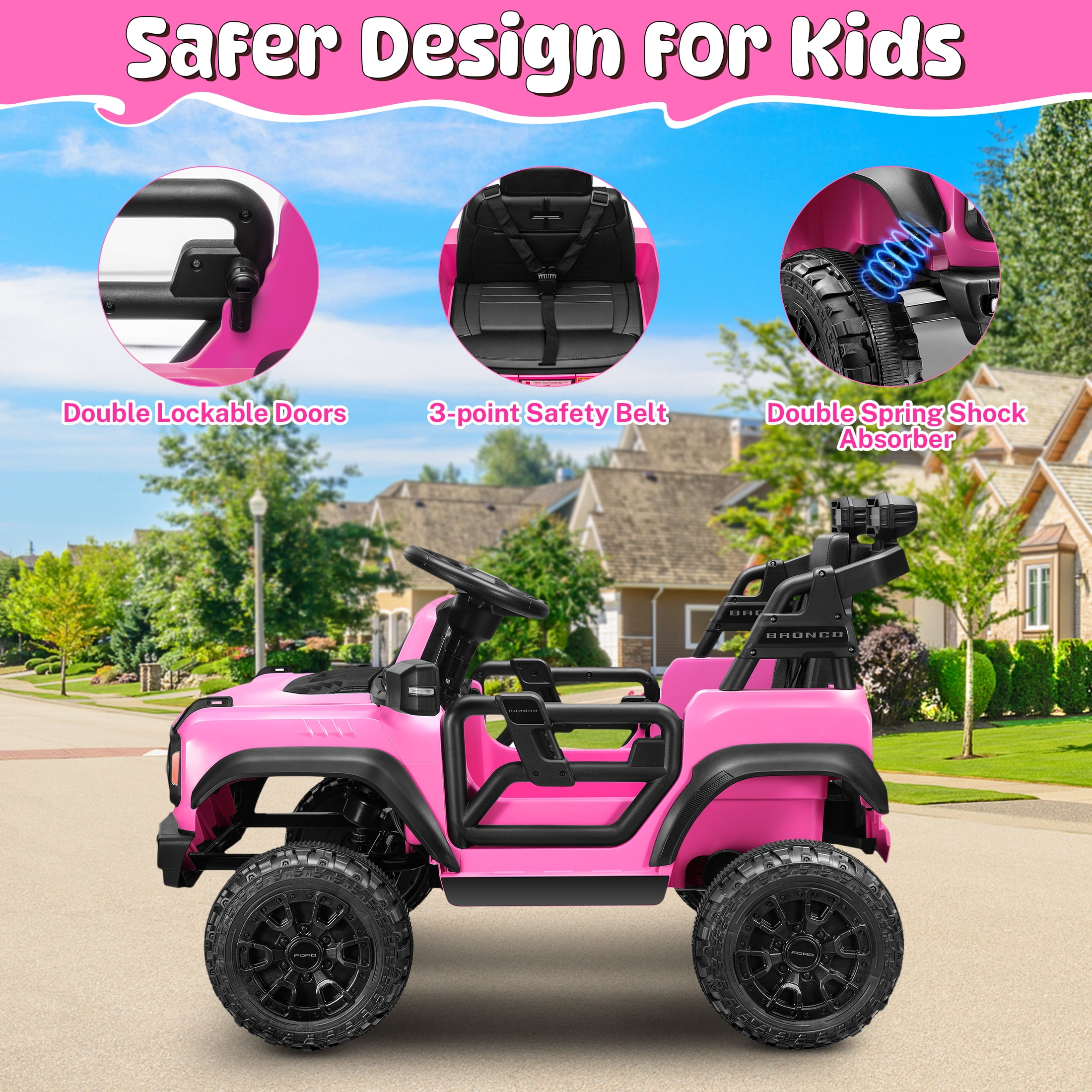 iYofe Ford Bronco Raptor Electric Ride on Toy Car for Toddler Kids, 12V Battery Powered Ride on Cars w/Remote Control, Bluetooth & Lights, Pink - Image 5