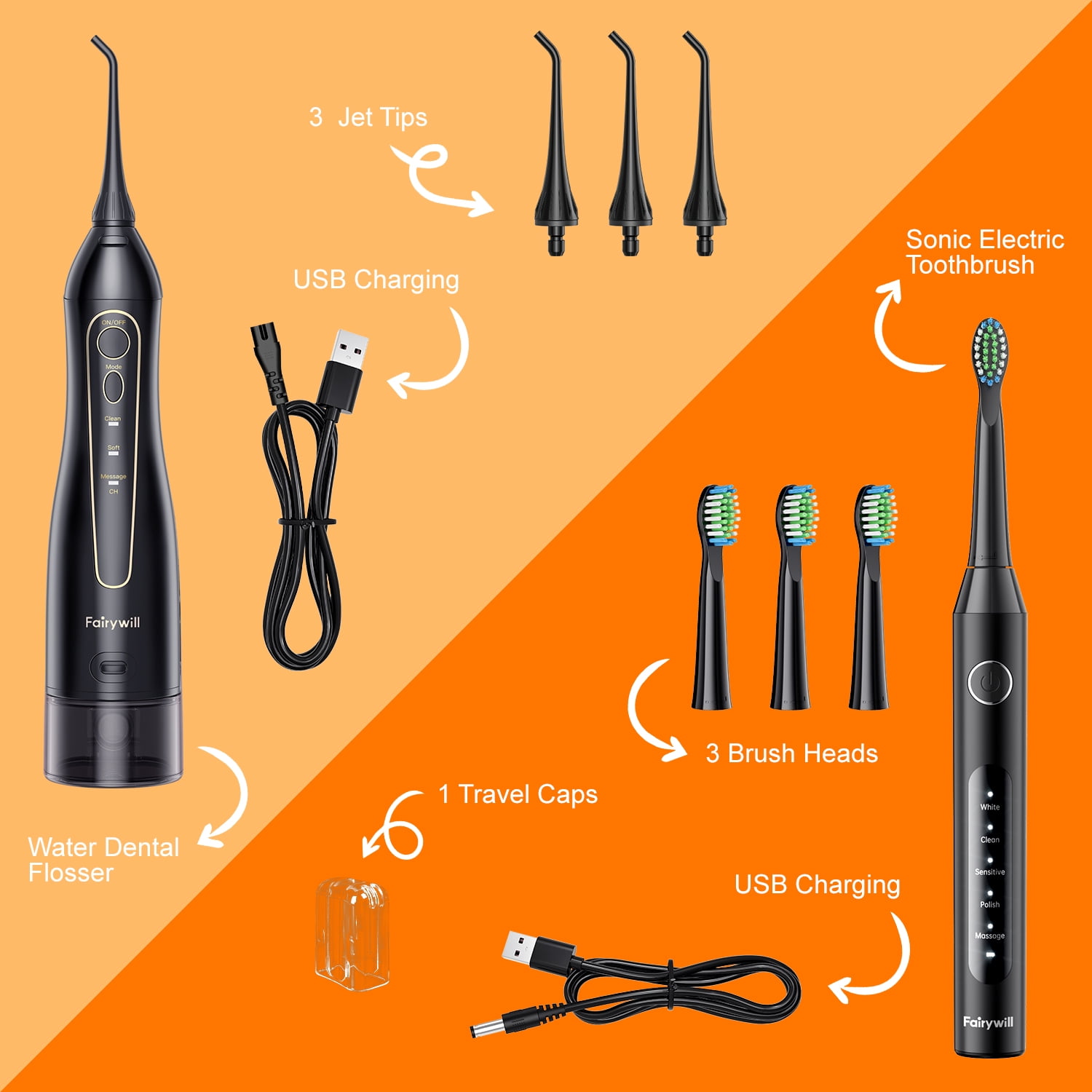 Fairywill Electric Toothbrush Water Flosser Combo, 47000/min Sonic Toothbrush with 5 Modes and 300ml Oral Irrigator,4 Brush Heads & 4 Jet Tips Included, Black - Image 8