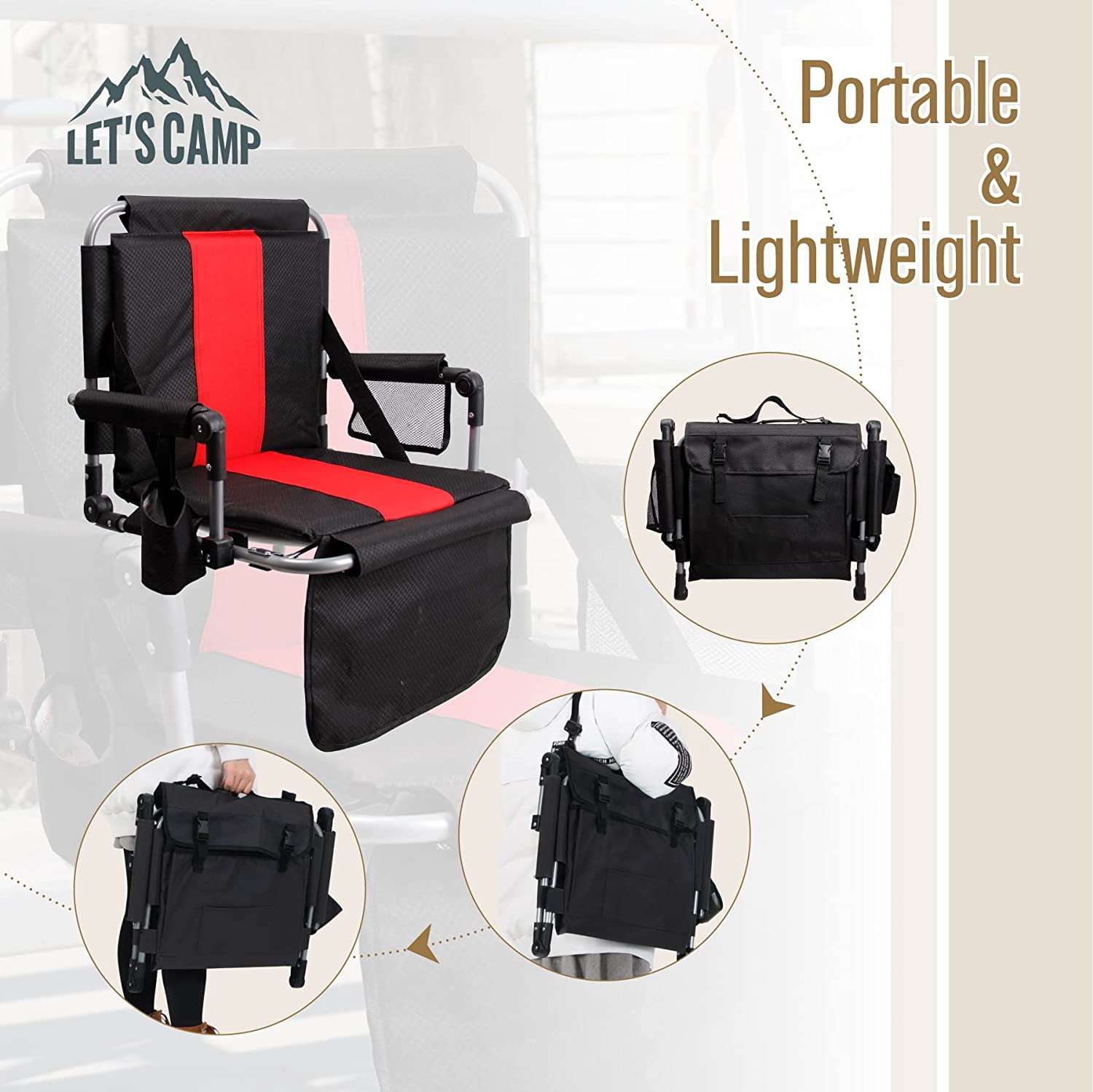 Folding Stadium Seat Bleacher Chair with Cup Holder, Mesh Bag and Hide Hooks, Portable Stadium Chair with Back and Cushion - Image 4