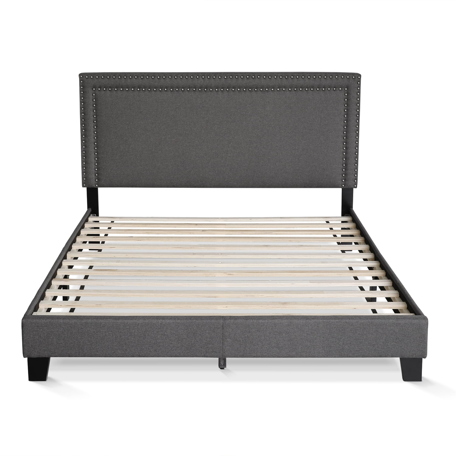 Furinno Laval Double Row Nail Head Bed, 12 Piece Slat Style, Stone, Queen - Image 2