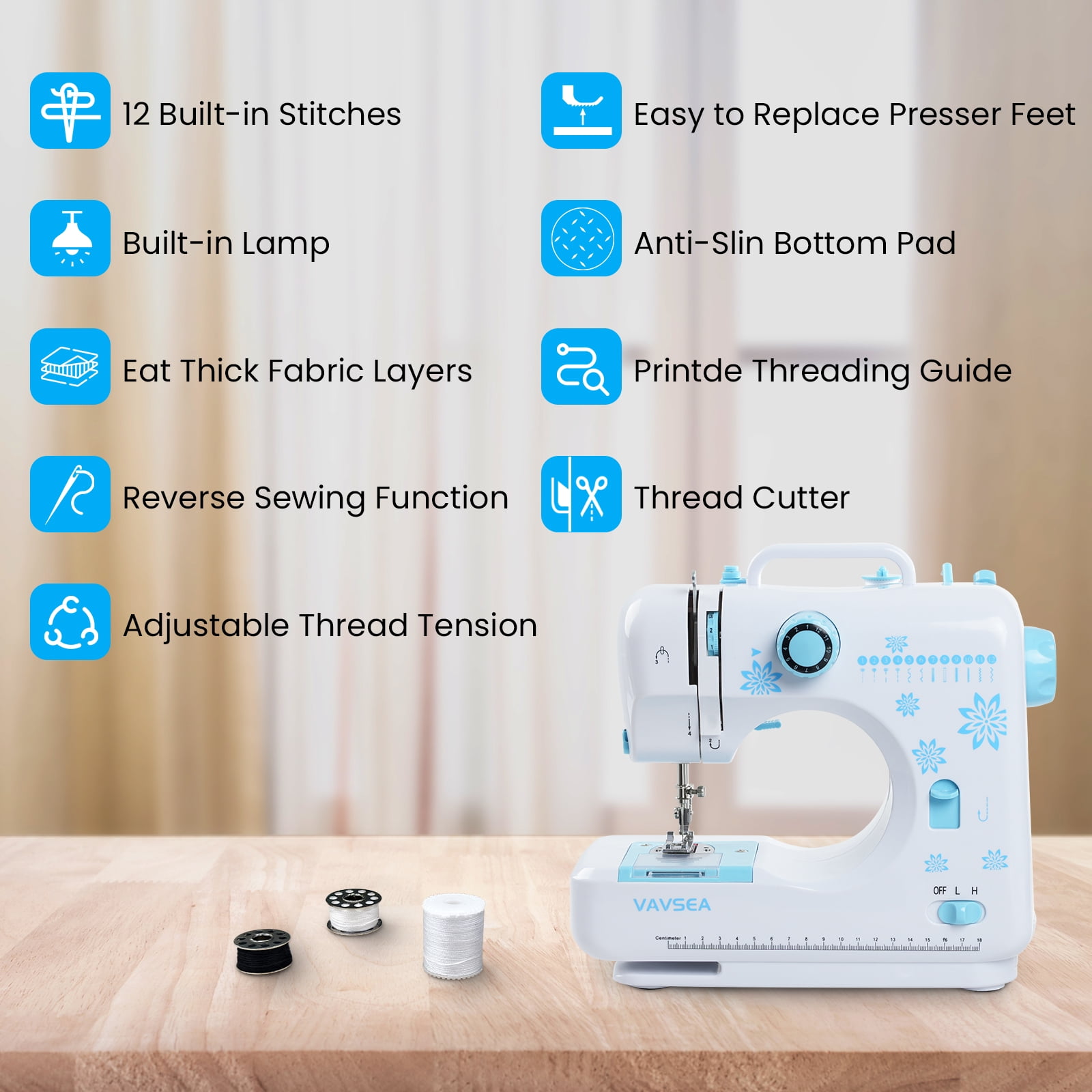 VAVSEA Sewing Machine with Extension Table, Dual Speed Portable Sewing Machine with Accessory Kit, 12 Built-in Stitches, Sewing Kit for Household Use, Perfect for Beginners, Blue - Image 5
