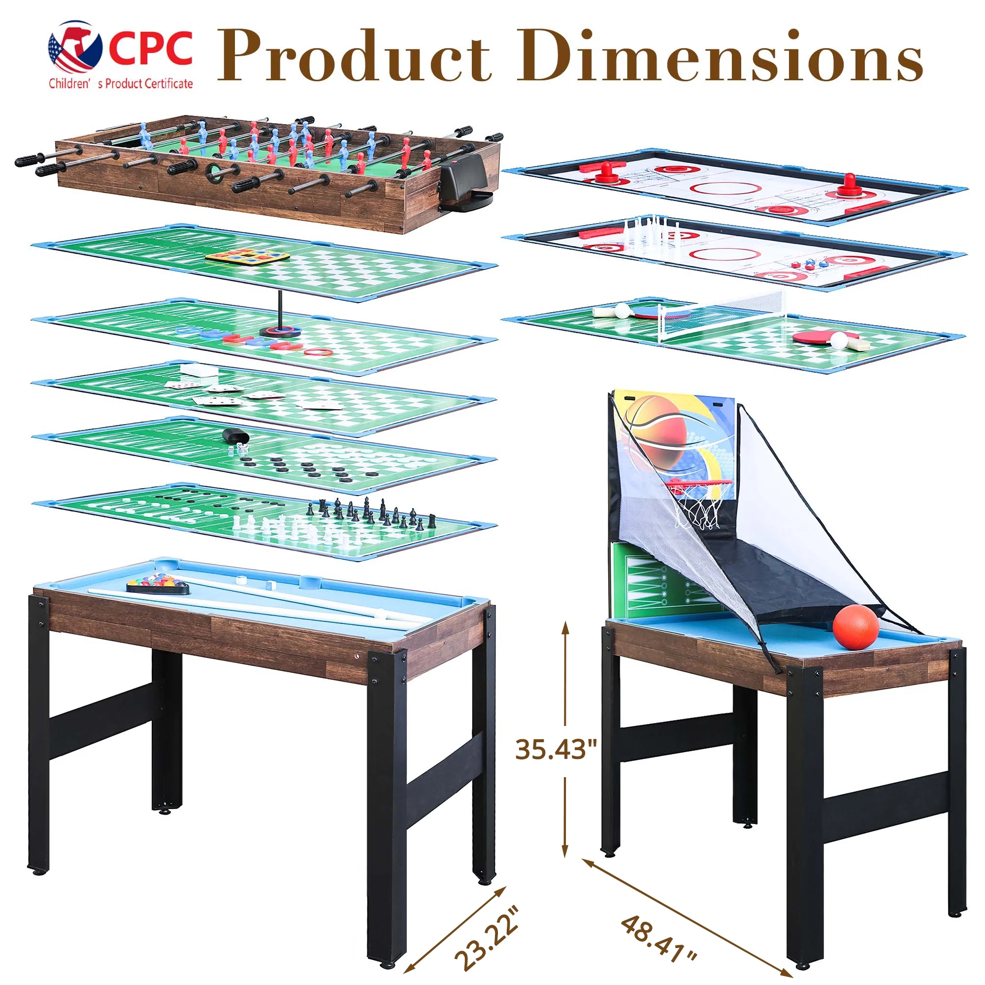 48'' 16 in 1 Multi Game Table Combo Game Table Set for Game Room, Multifunctional Game Table with Bow, Arrow, Basketball, Football, Hockey, Foosball, Shuffleboard, Ping Pong, Chess, Checkers, Bowling - Image 9