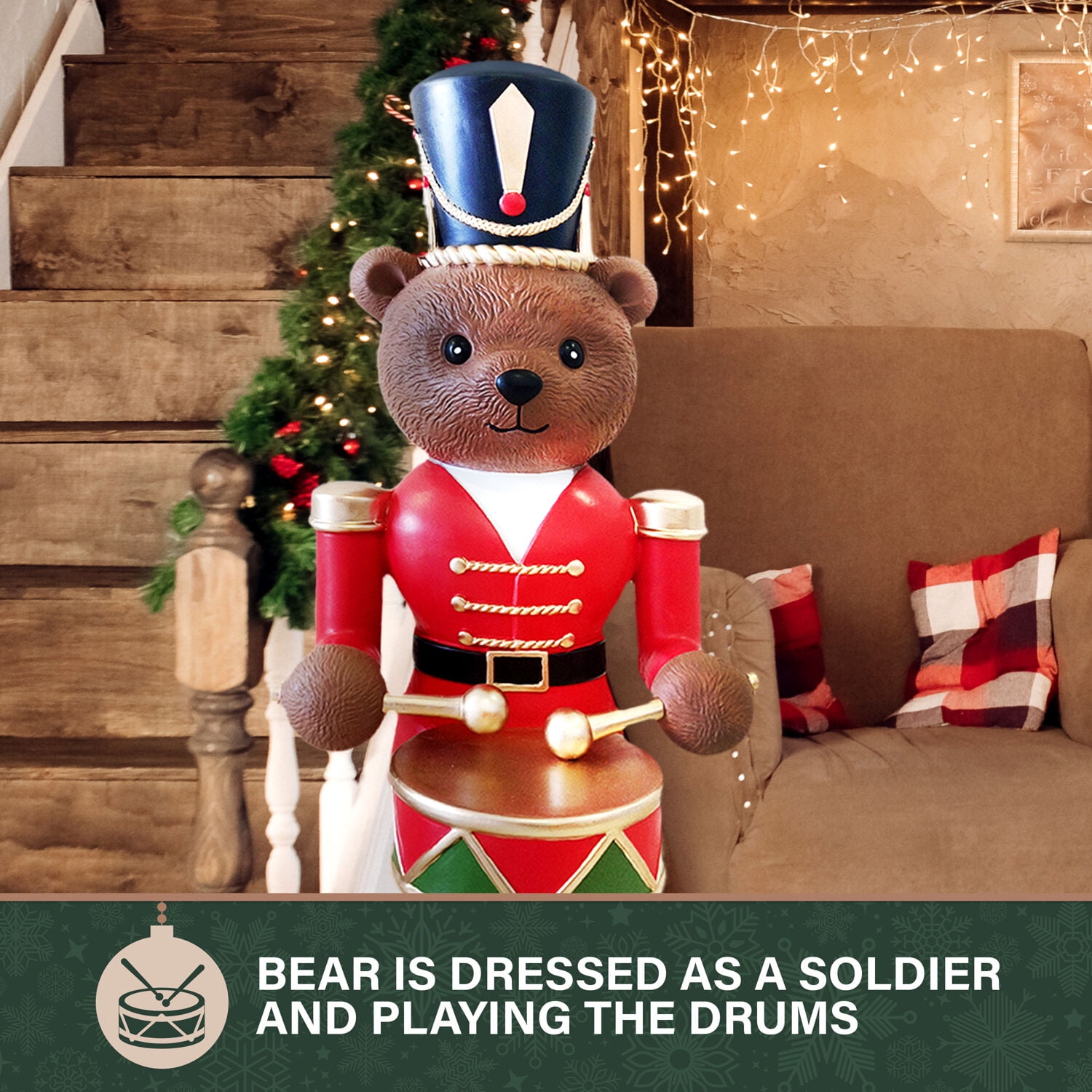 Fraser Hill Farm 48" Red Musical Nutcracker Bear Playing Drum - Image 8