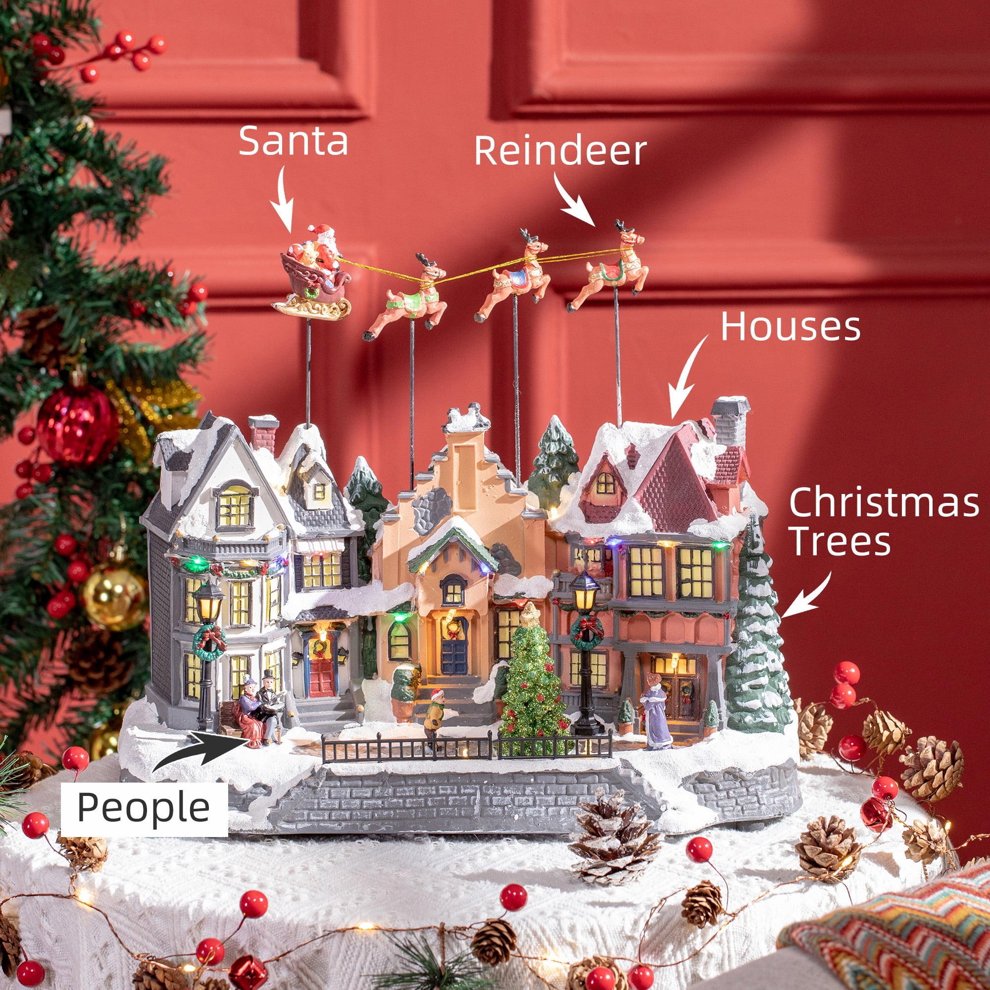 HOMCOM Christmas Village, Santa & Deer Skating Pond Animated Winter Wonderland Set with Multicolored LED Light, Battery Operated Christmas Decoration - Image 8