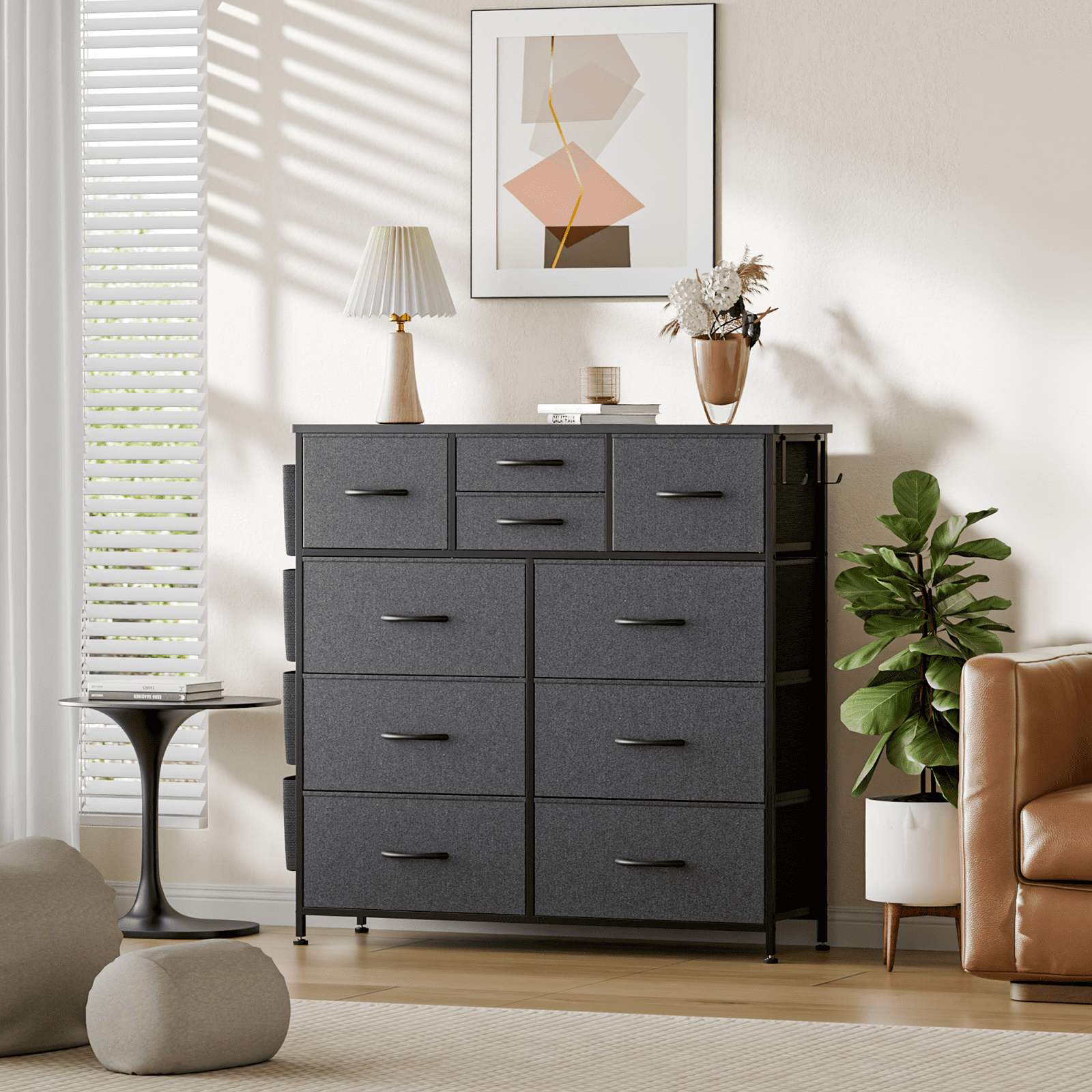 Aowos 10 Drawer Dresser, Chest of Drawers Dressers for Bedroom with 4 Side Pockets and 2 Hooks, Dark Grey - Image 6