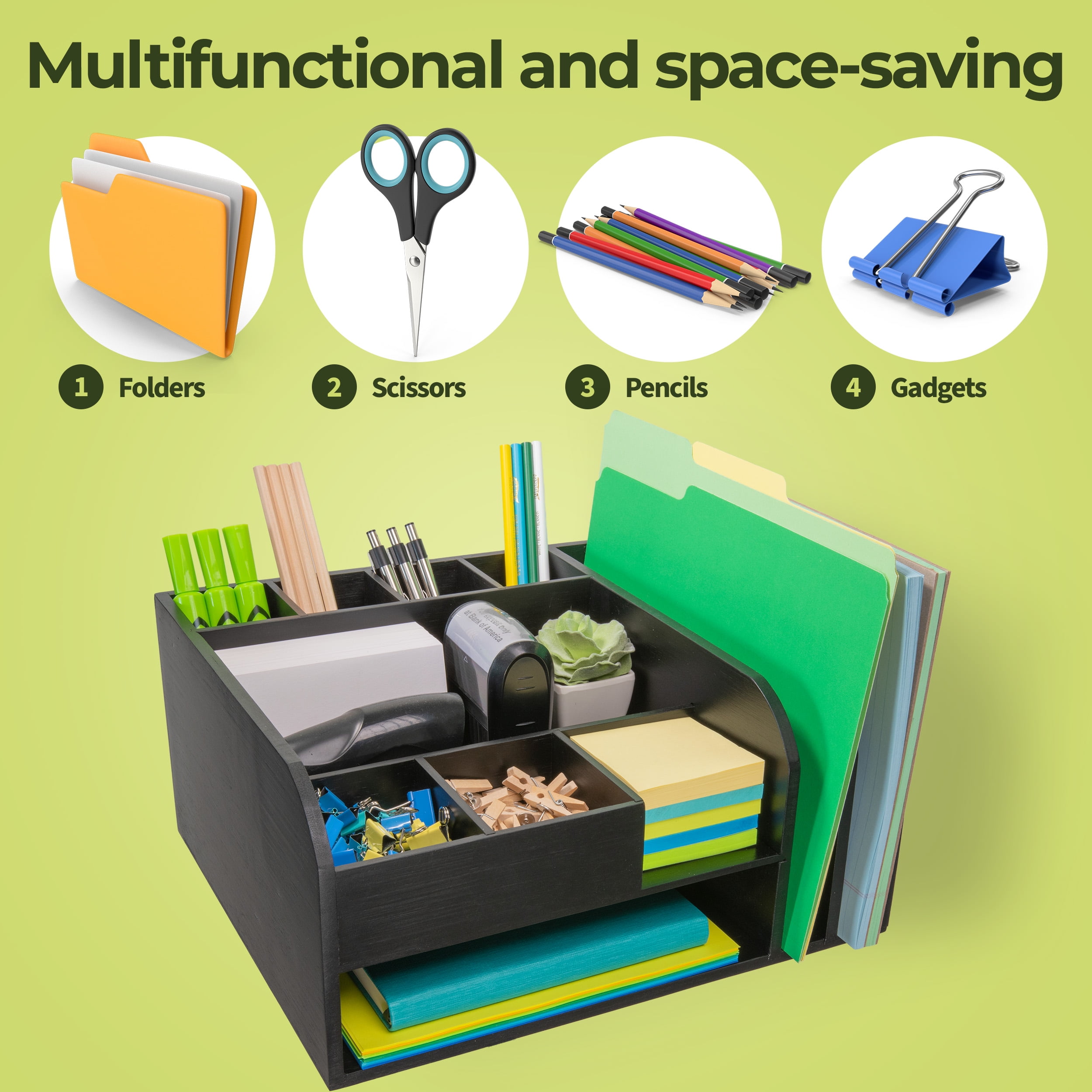 MissionMax Black Bamboo Organizer with attached Upright File Holders, Paper Tray & Storage Bins - Image 3