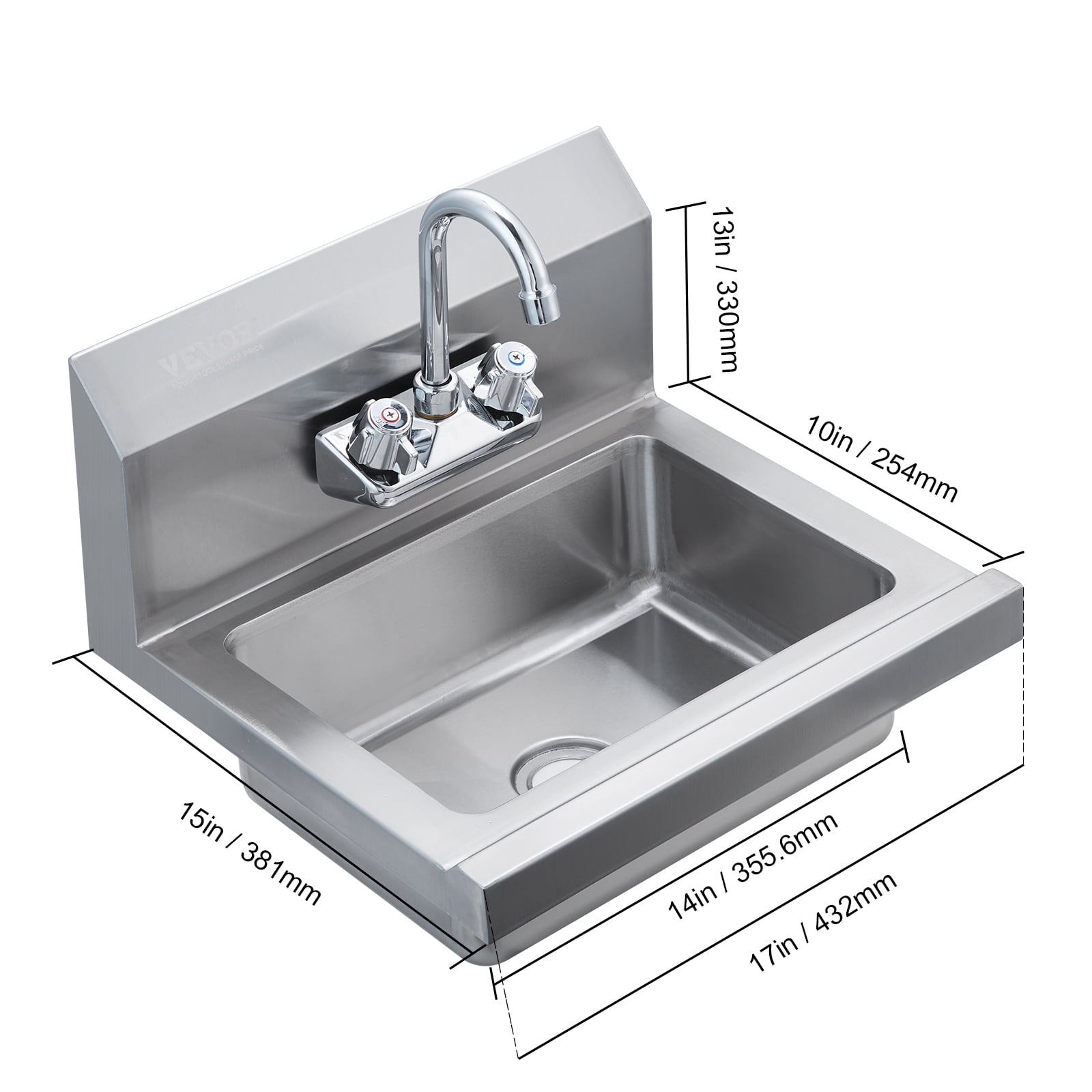 VEVOR 17"x12.8" Commercial Stainless Steel Hand Washing Sink with Faucet,Wall Mount Hand Basin, Utility Sink for Restaurant, Kitchen, Bar, Garage and Home - Image 5