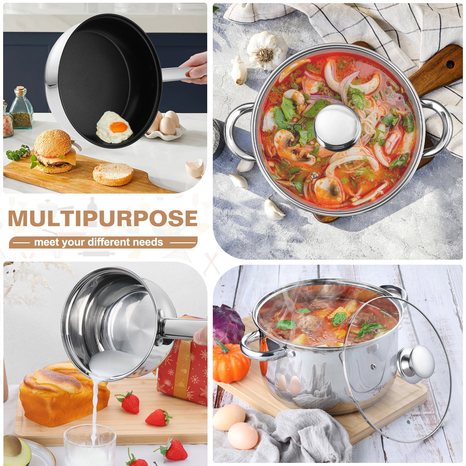 Walchoice 13-Piece Stainless Steel Cookware Set, Kitchen Pots and Pans Set with Glass Lid for Cooking, Induction & Dishwasher Safe, Silver - Image 5