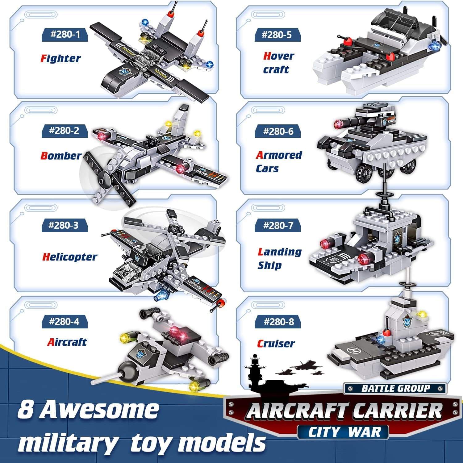 1320 Pieces Aircraft Carrier Building Blocks Set, Military Battleship Model Toy with Army Car, Helicopter & Boat, Military Toys Gift for Kids Boys Girls Age 6-12 - Image 3
