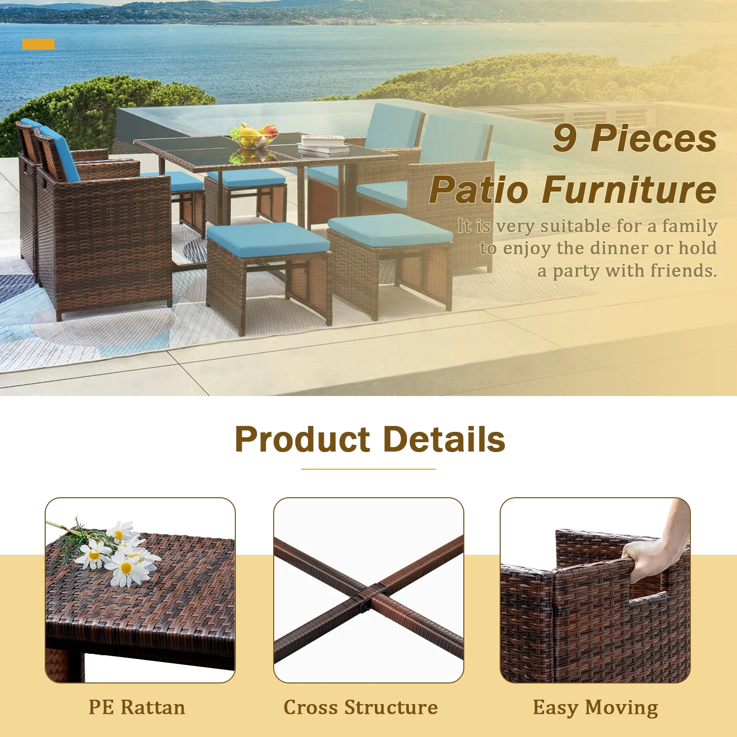 Vineego 9-Pieces Traditional Steel Durable Dining Furniture Sets Blue - Image 6