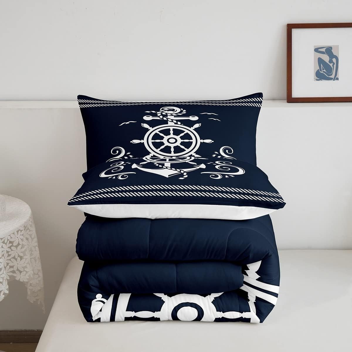 Erosebridal Nautical Anchor Bedding Set , Compass Adventure Comforter Set Coastal Compass Duvet Sets Ocean Sailboat Bedding Comforters Teens Adult Bedroom, Navy Blue(Queen Size) - Image 2