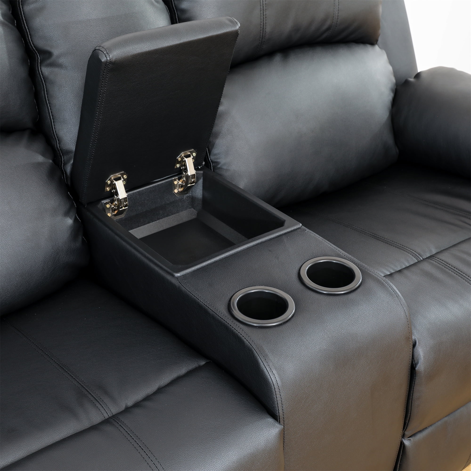 Aukfa Double Manual Recliner Chair, Overstuffed Loveseat with Cupholder for Living Room, Black - Image 15