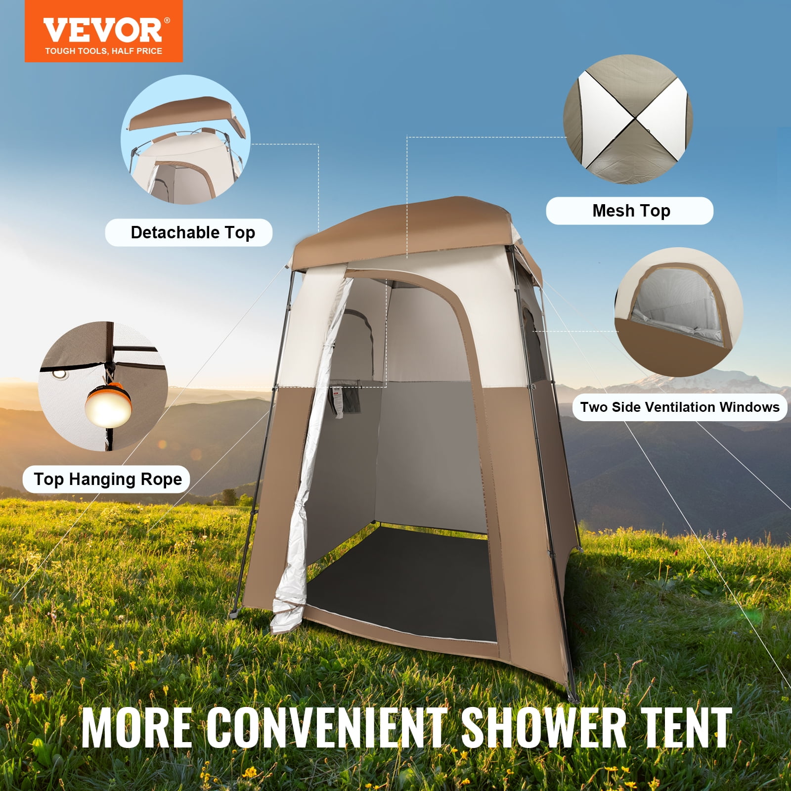 BENTISM Camping Shower Tent, 66" x 66" x 87" 1 Room Oversize Outdoor Portable Shelter, Privacy Tent with Detachable Top, Pockets, Hanging Rope and Clothesline - Image 4