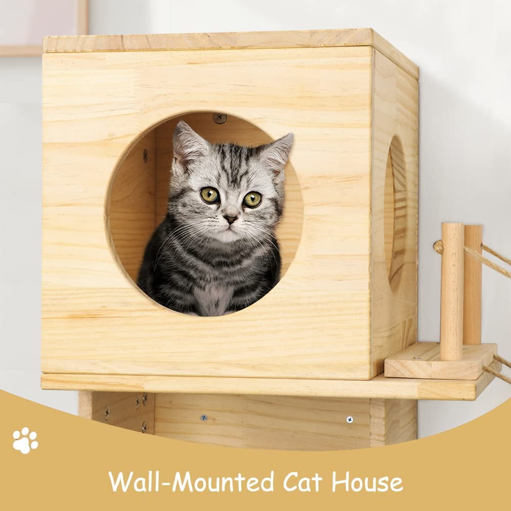 BreeRainz Cat Wall Shelves and Bridge for Indoors Cats, Cat Wall Furniture with Solid Wood Climbing Shelves and House to Play and Rest - Image 5