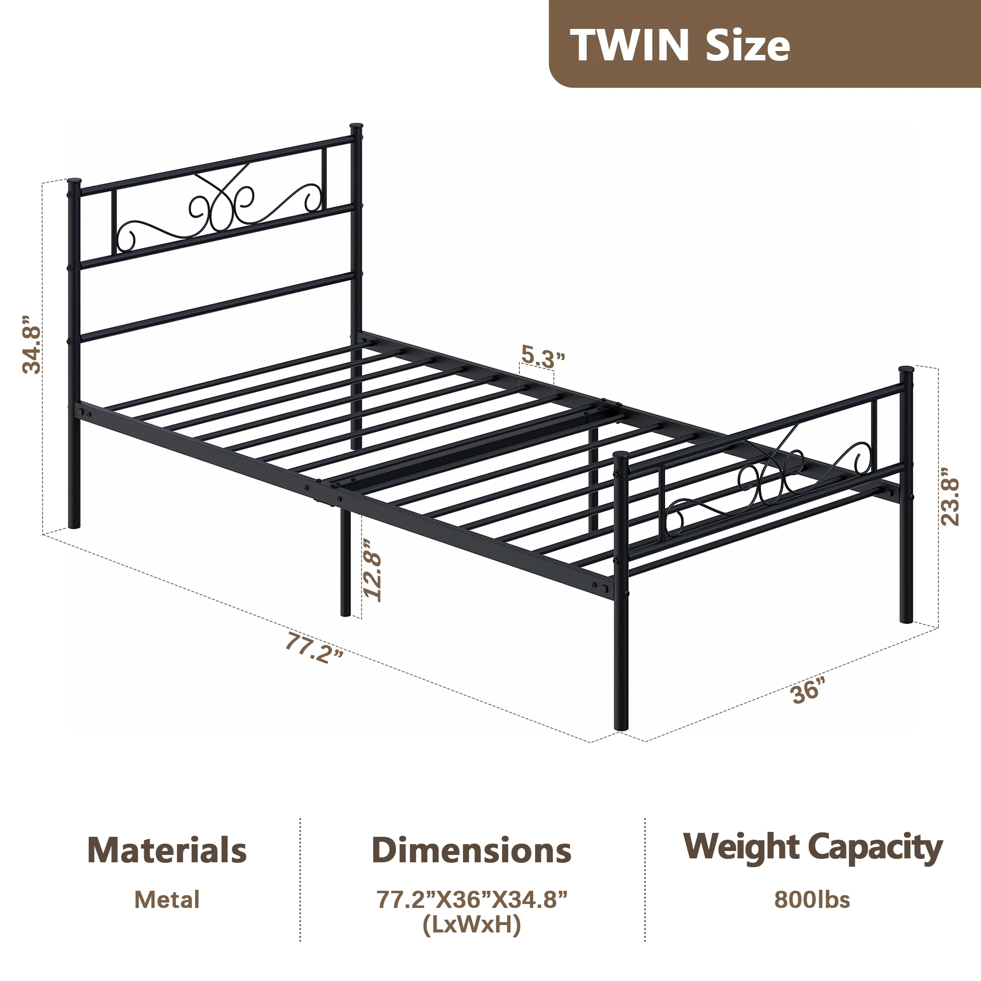 Yoneston Twin Size Metal Platform Bed Frame with Headboard, 12.7” Single Bed Frame for Kids, Teens Bedroom, Black - Image 3