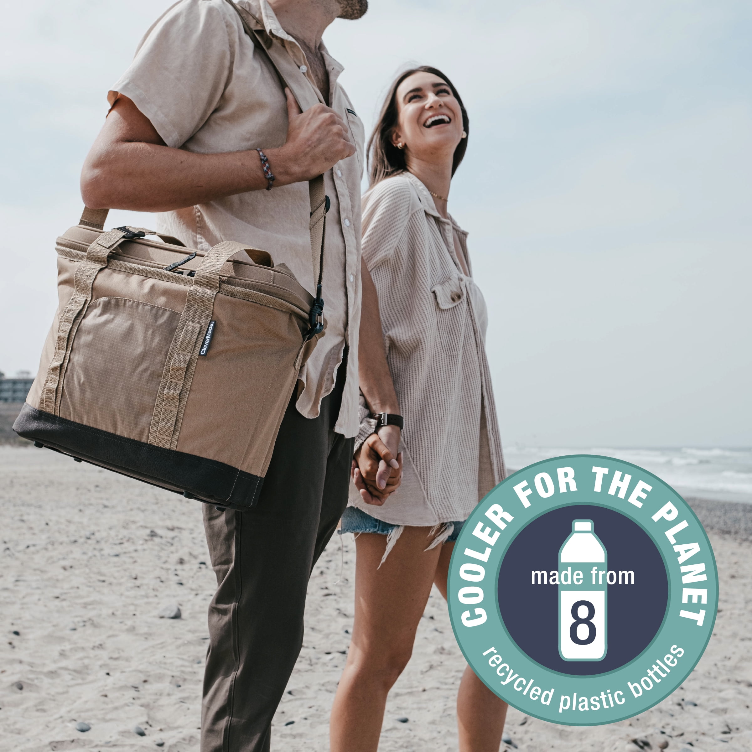 CleverMade 50 Can Pacifica Collapsible Cooler, Khaki/Charcoal - Image 3