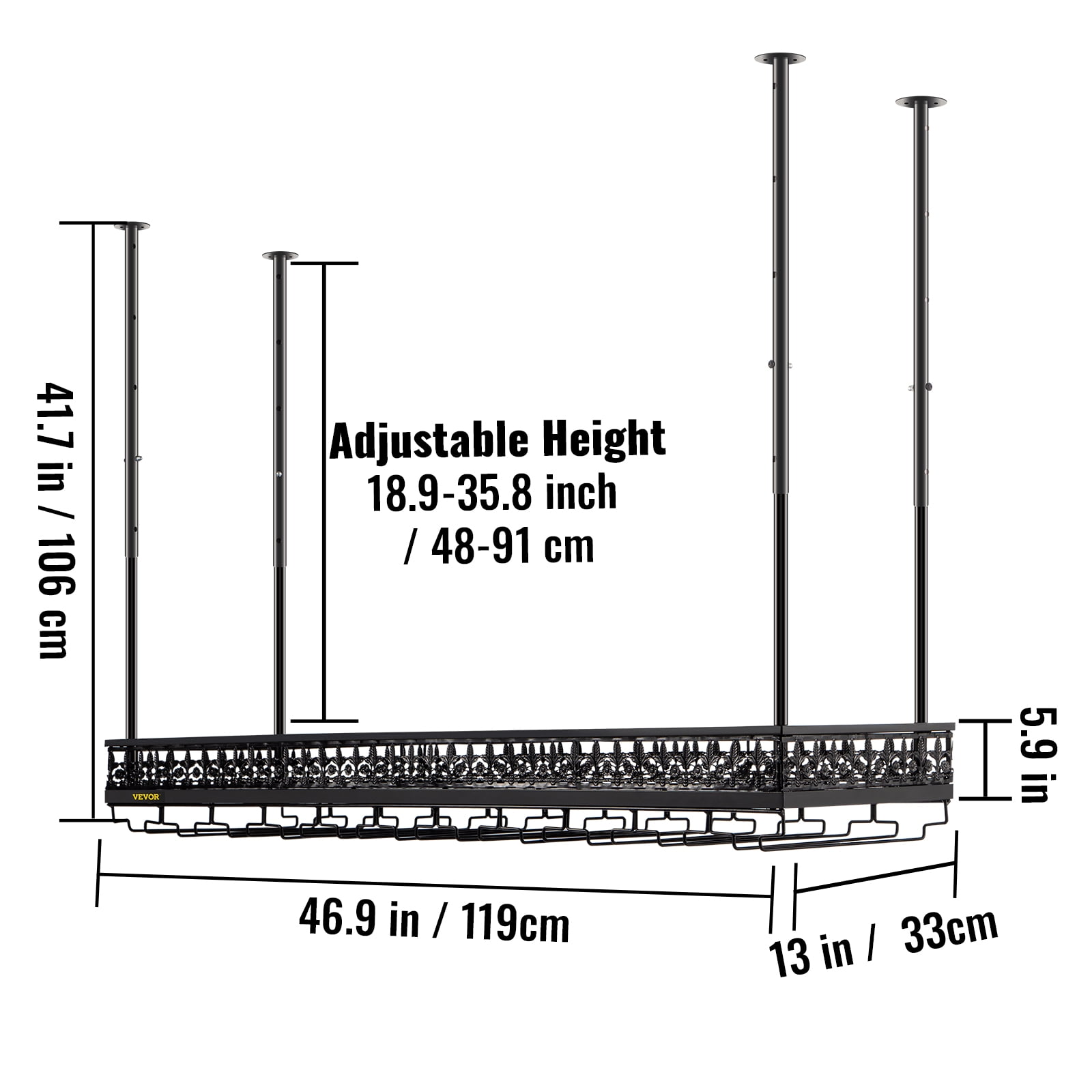 VEVOR Ceiling Wine Glass Rack, 46.9 x 13 inch Hanging Wine Glass Rack, 18.9-35.8 inch Height Adjustable Hanging Wine Rack Cabinet, Black Wall-Mounted Wine Glass Rack Perfect for Bar Cafe Kitchen - Image 8