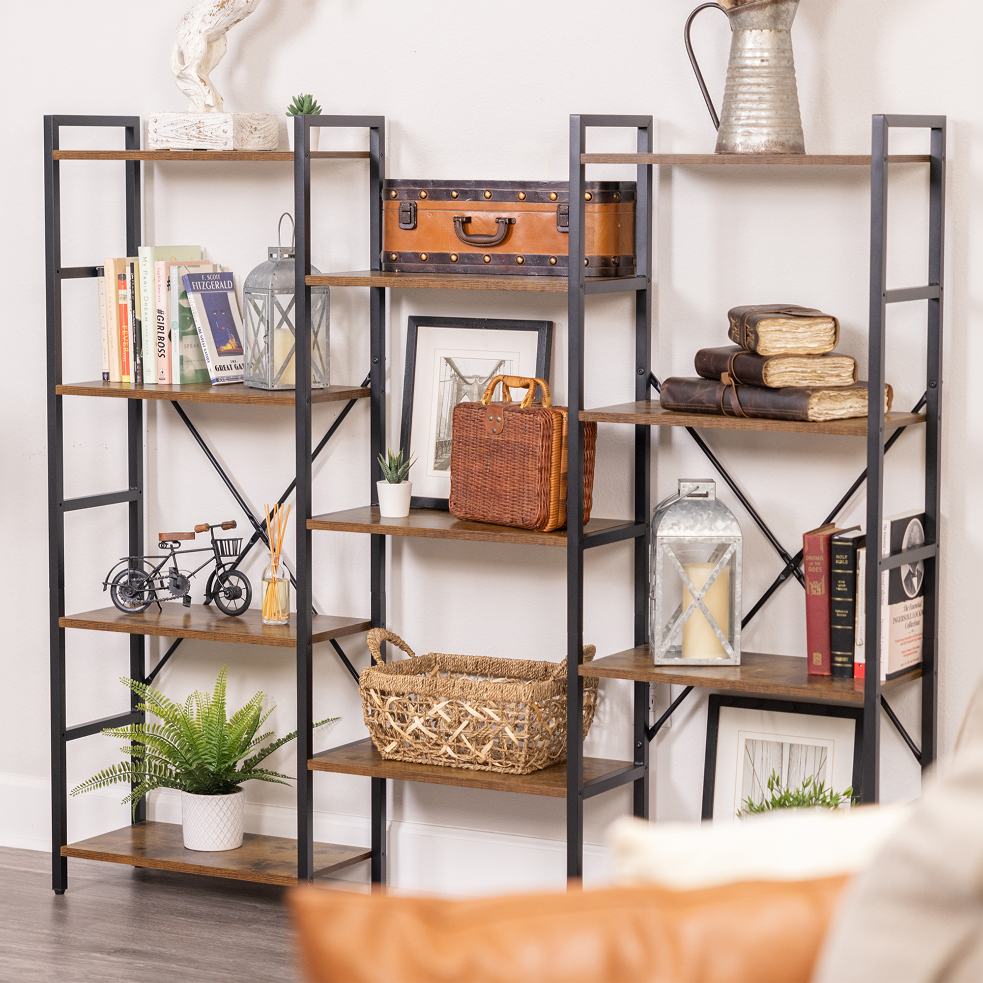 4 Tiers Industrial Bookcase and Bookshelf, Metal Wood 11 Display Shelves, Large Book Shelf for Living Room, Storage Shelf Organizer, Book Case in Brown - Image 10