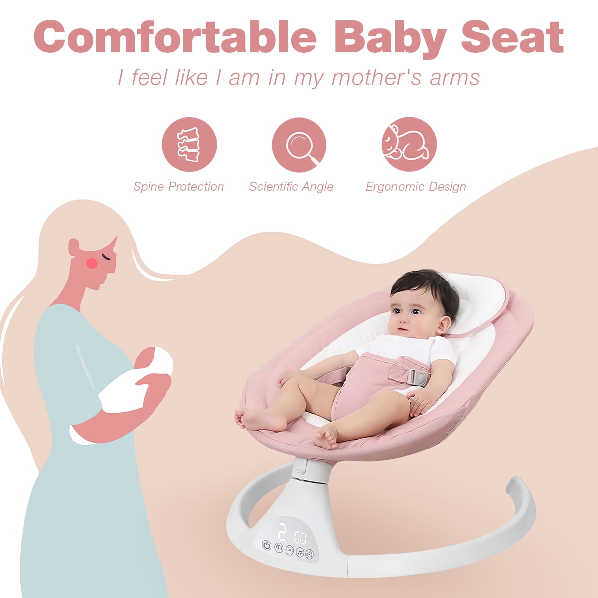 Yadala Electric Baby Swing, Portable Baby Swing for Infants Bouncer for Boy Girl with Bluetooth, Remote Control, 5 Speeds, 10 Music Pink - Image 7