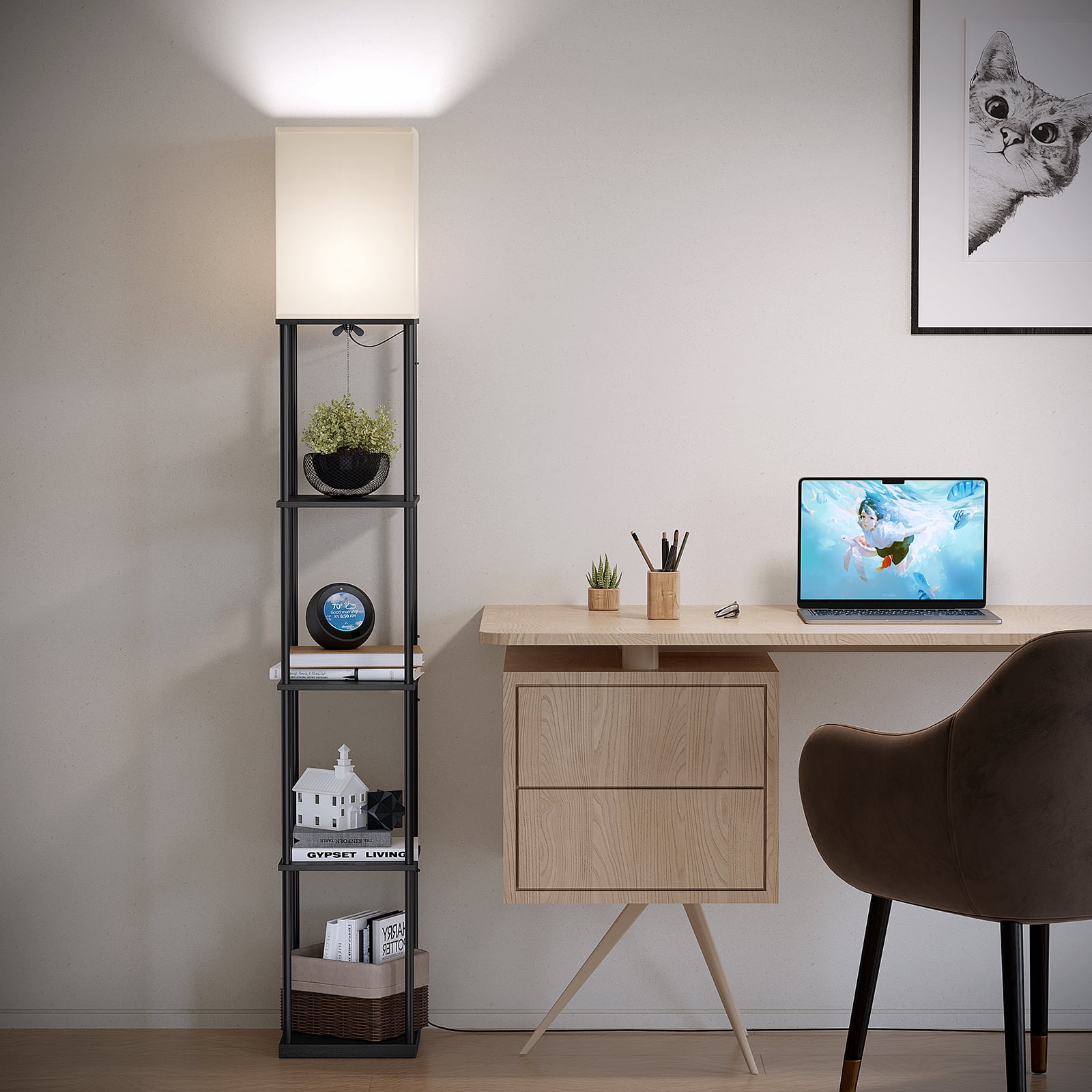 AOHAO 63" Modern Durable Black MDF Floor Lamp with Beige Square Shade - Image 6