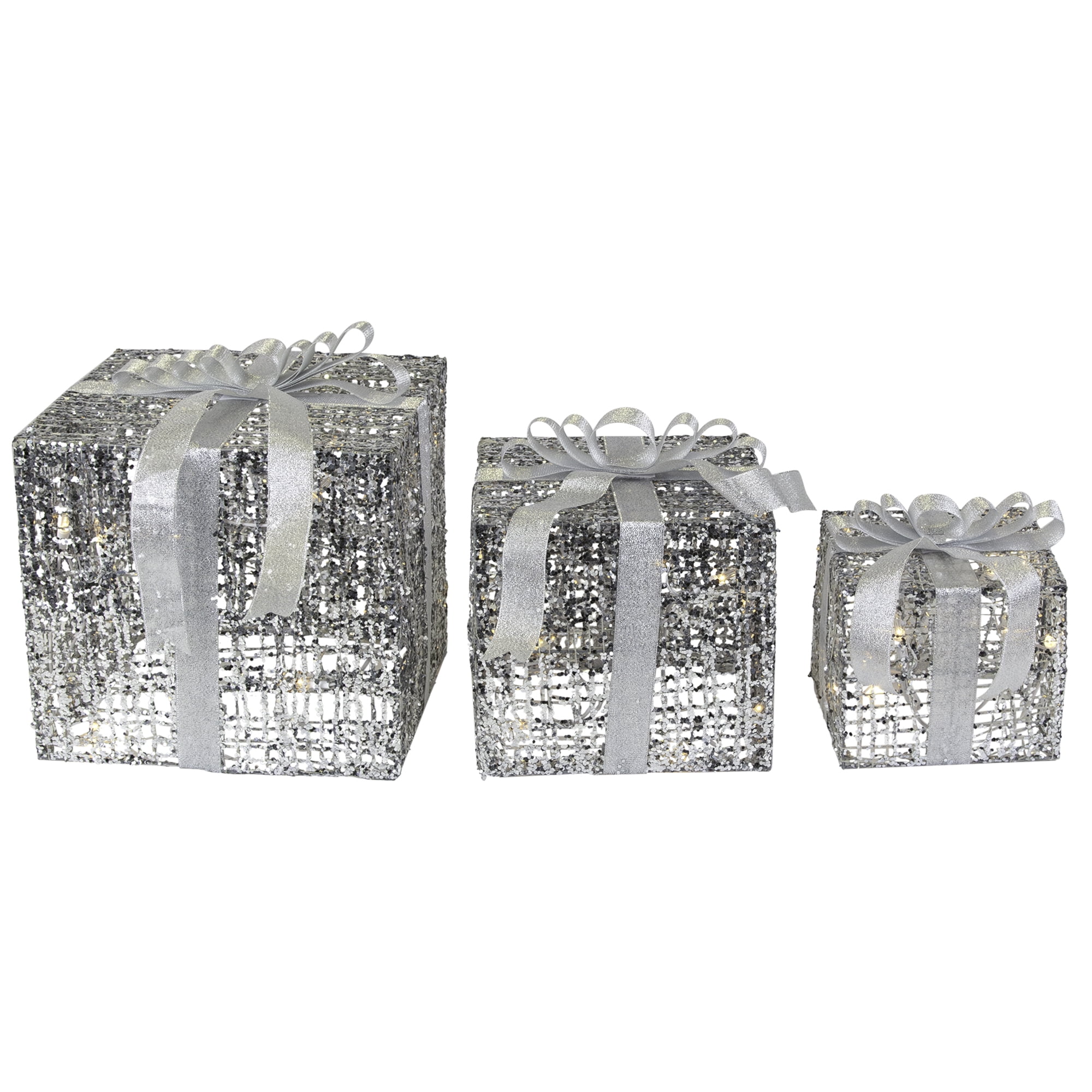 Northlight Lighted Glitter Threaded Gift Boxes Outdoor Christmas Decoration - Silver - Set of 3 - Image 6