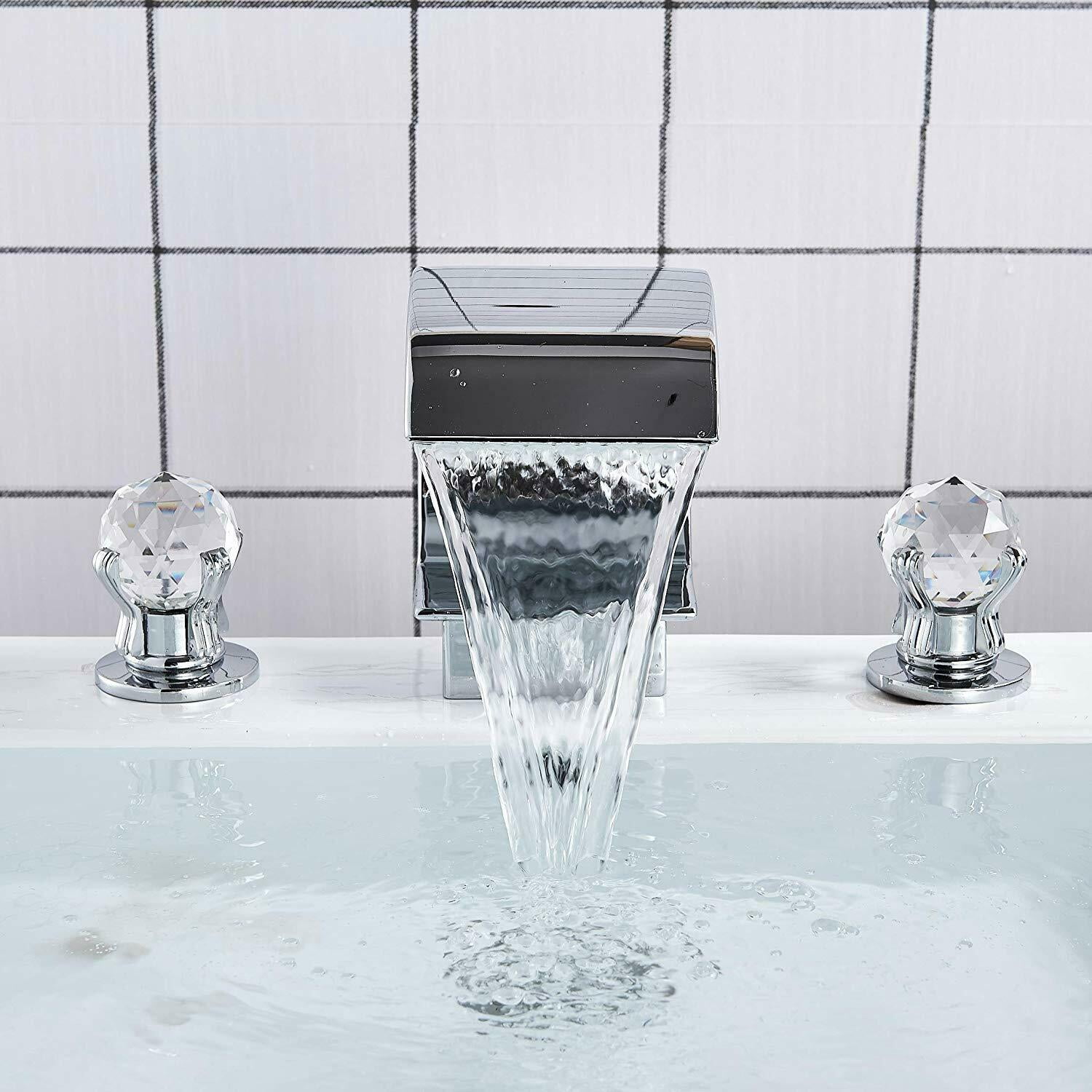 Widespread Bathroom Basin Faucet Crystal Handle Sink Mixer Tap Chrome Finish - Image 4