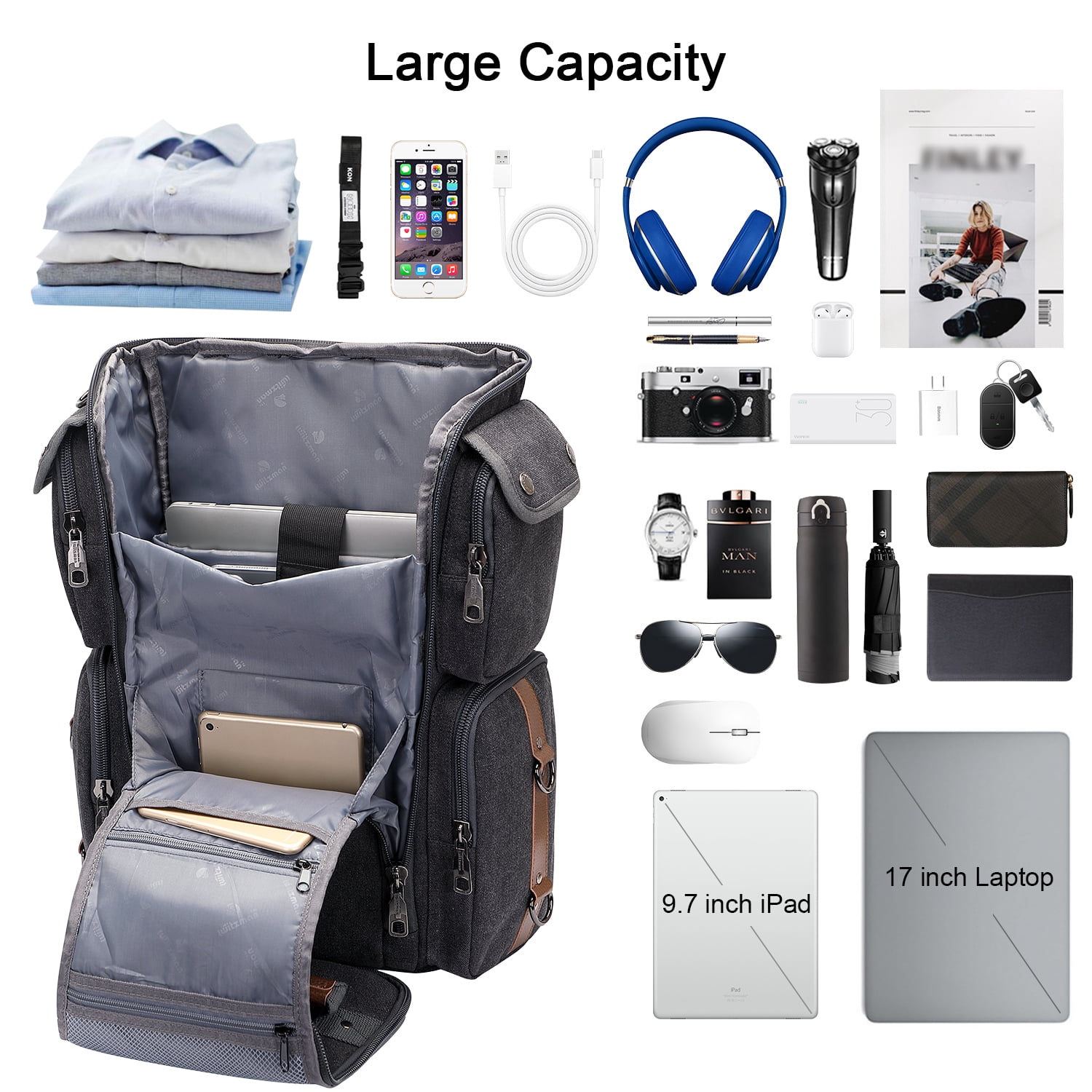 WITZMAN Travel Backpack for Men Carry On Canvas Backpack Luggage Outdoor Duffel Bag (6661 Black) - Image 5