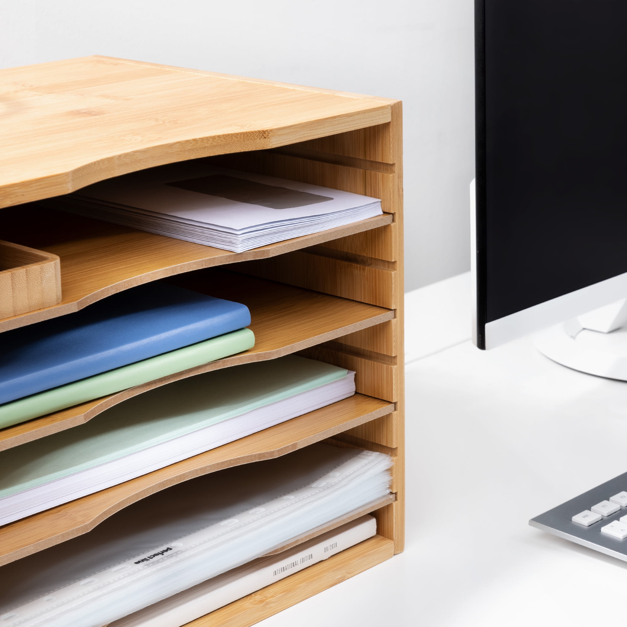 Navaris Bamboo Desk File Organizer - Paper Tray Letter Storage with 4 Adjustable Shelves - Desktop Inbox Trays - 13" Wide x 9.6" Deep x 10.2" High - Image 4