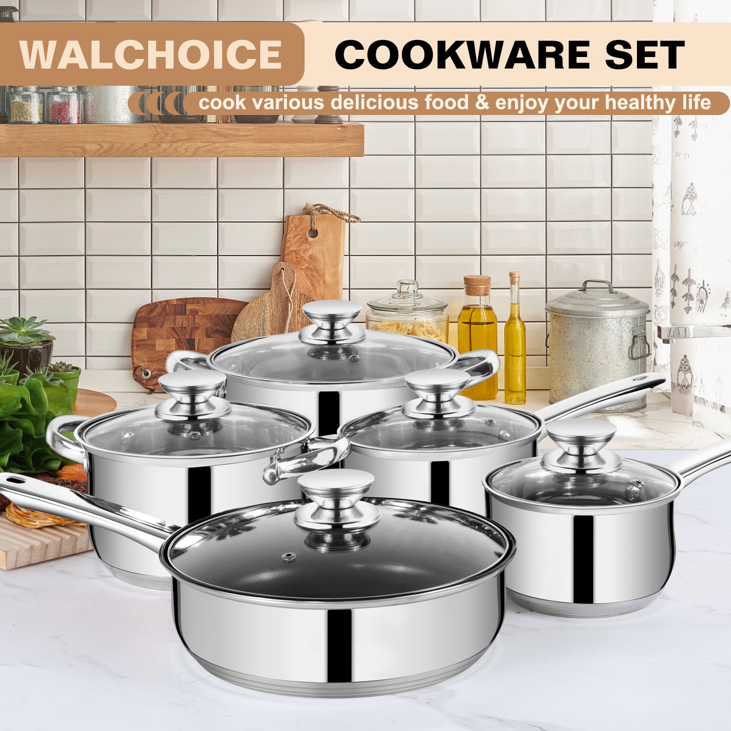 Walchoice 13-Piece Stainless Steel Cookware Set, Kitchen Pots and Pans Set with Glass Lid for Cooking, Induction & Dishwasher Safe, Silver - Image 8