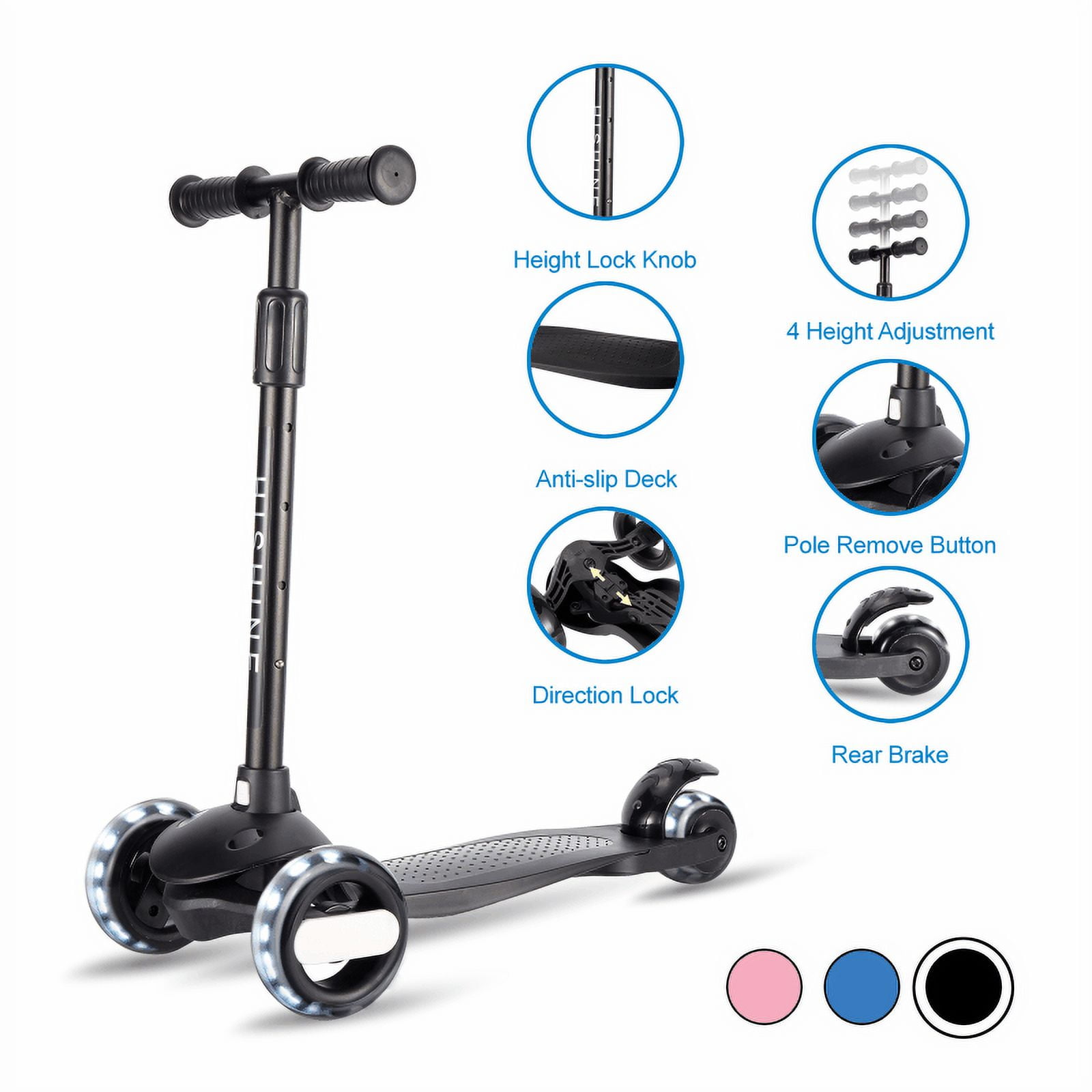 Kick Scooter for Kids with 3 Big Light Up Wheels, Lean to Steer, Adjustable Height, Wheel Scooter for Boys Girls Toddler, Black