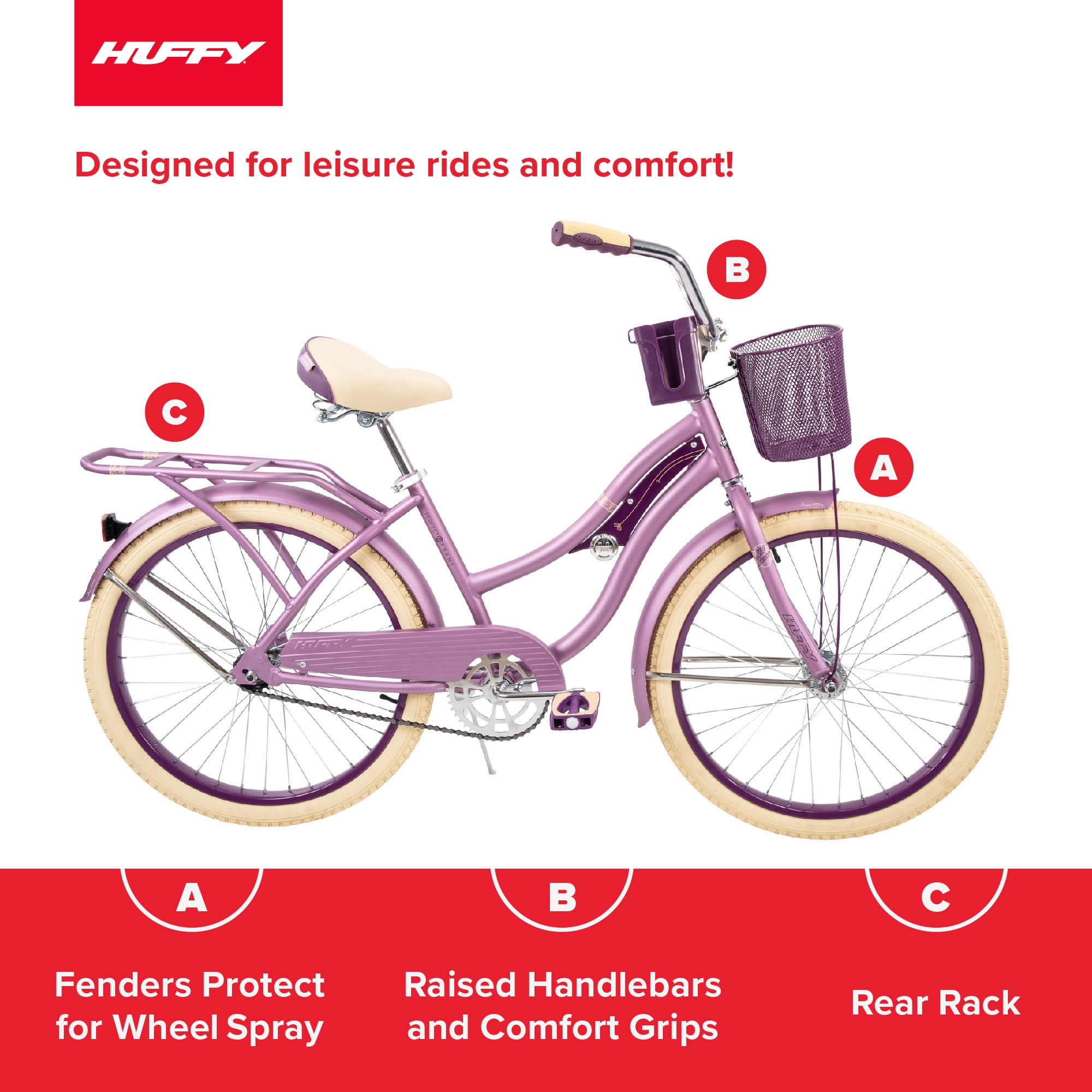 24" Huffy Nel Lusso Girls Cruiser Bicycle, 24" Wheels, Ages 12-19 Years Old, Purple, Cruiser Bike - Image 9