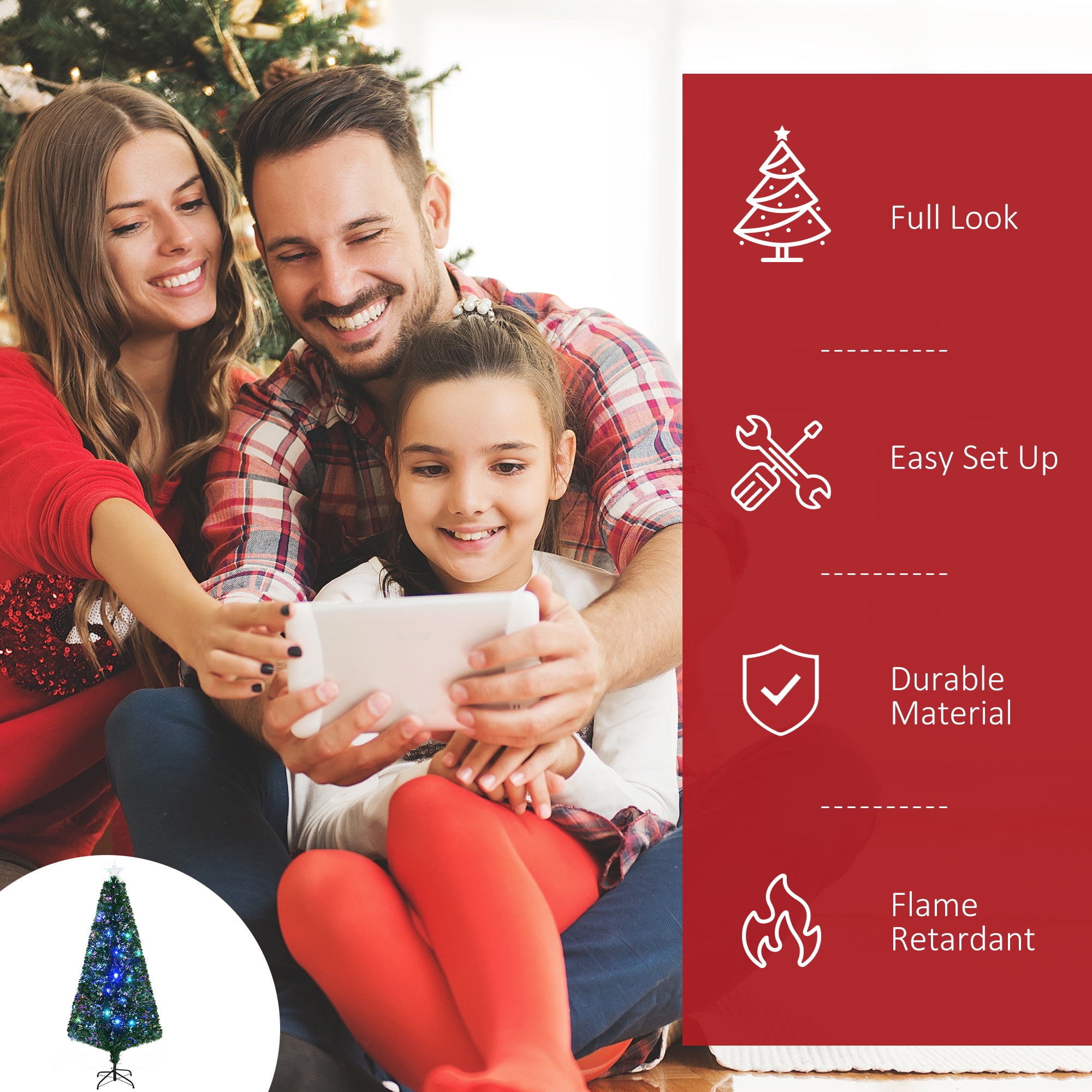 HomCom Multi-color LED Green Prelit Noble Fir Artificial Christmas Tree, with 230 Tips including 24 Pre Programmed Fiber Optic Lights 6' - Image 4