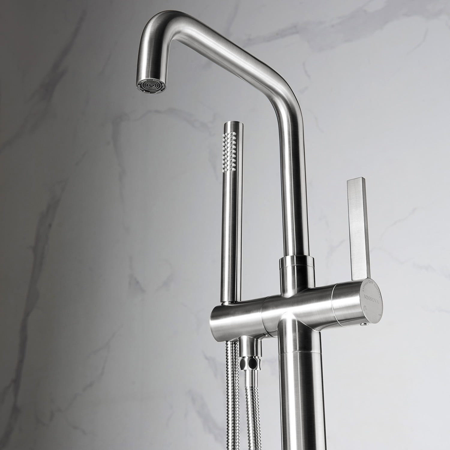 Vinnova Delara Freestanding Bathroom Chrome Tub Faucet with Hand Shower in Satin Nickel - Image 5